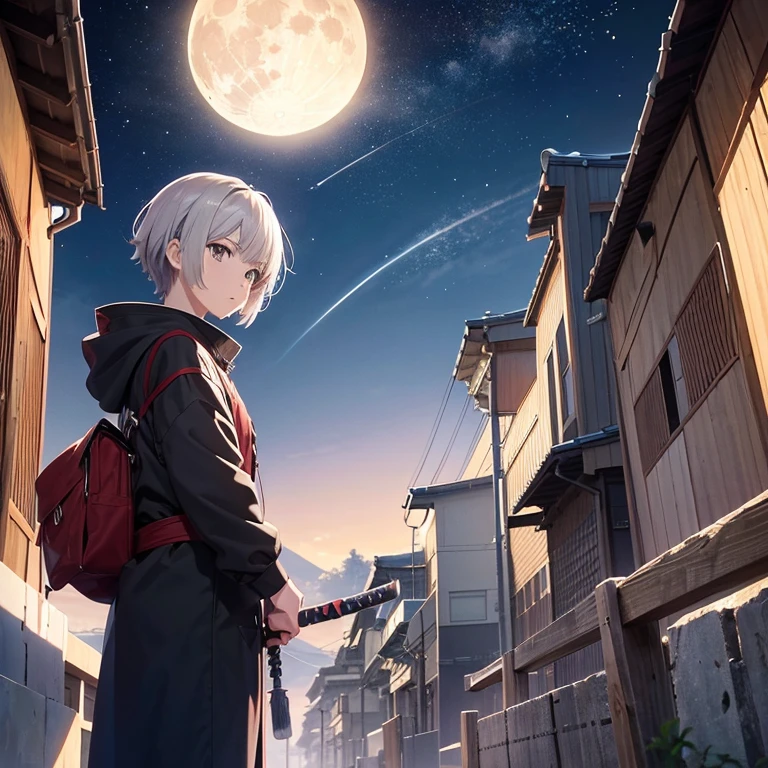 Anime, Giant Moon, Notes on a Stave, Gray Hair (Bangs), Short Cut, (Shinobi no Shoujo),Katana, Kyoto Animation Style, Witstudio Style, Production I.G Style, CloverWorks Style, Ikazuchi