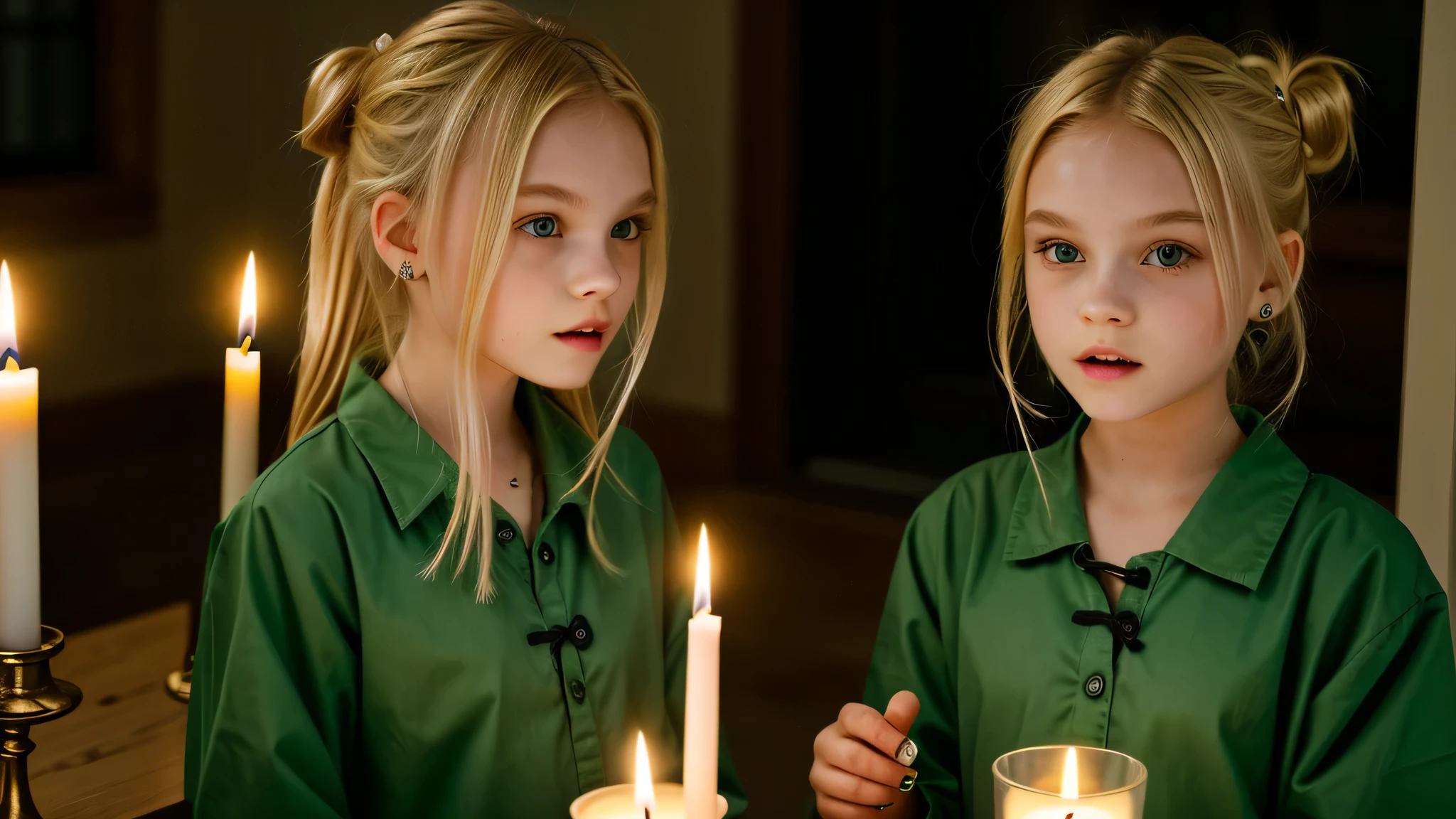 KIDS GIRL vampire blonde HAIR BUN green clothes. and candles, green light candles., banished of sin