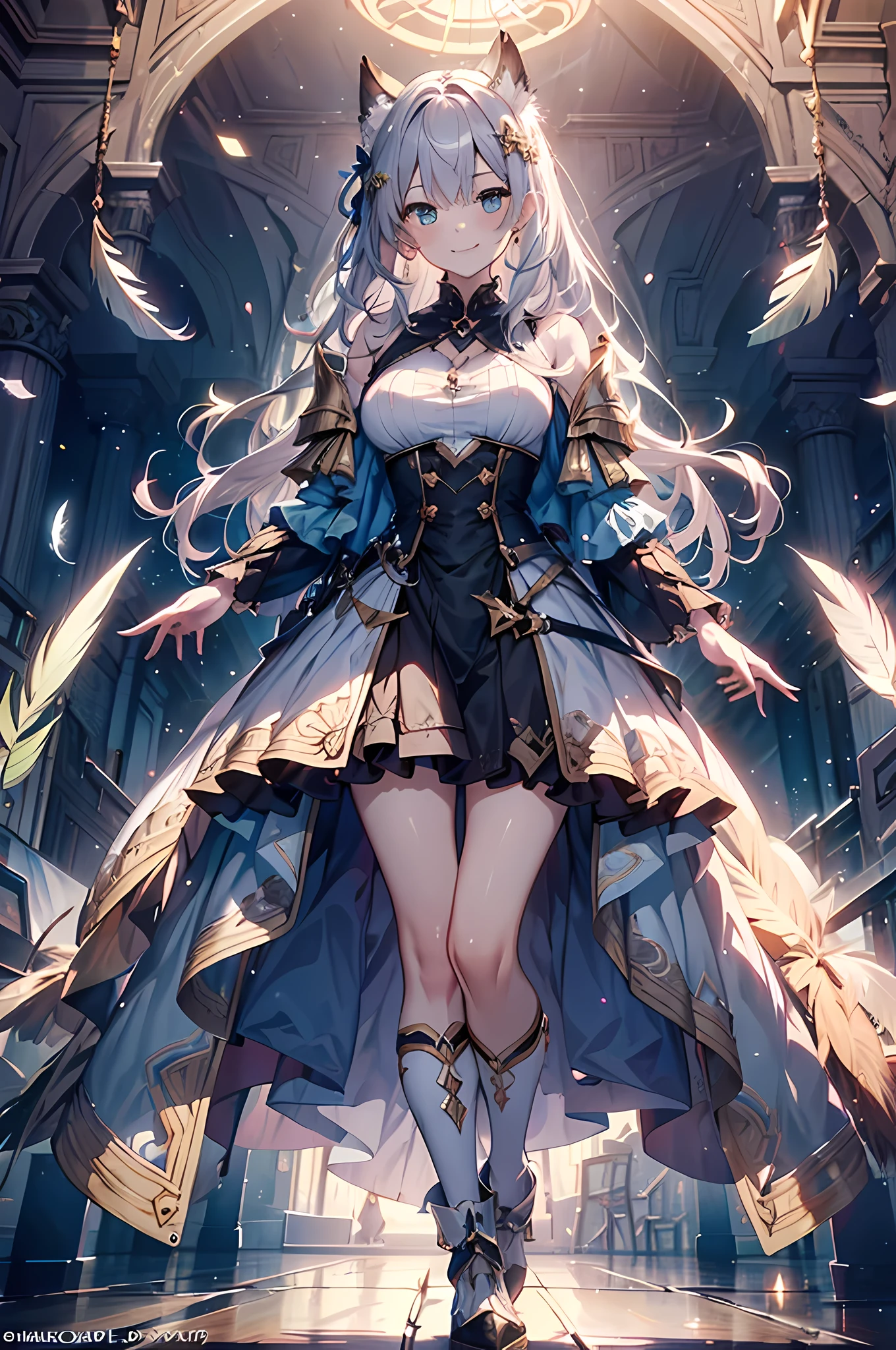 (Official art、Best Quality、Unity 8k Wallpapers、32K、masterpiece、ultra-detailliert、超A high resolution、The best illustrations、Very ridiculous:1.2)、(Cinematic lighting:1.2)、Fireglow effect、film grains、Best Shadows、Rim lighting、side lights、(Ultra-detailed and complex 3D rendering)、Detailed beautiful face and eyes、Sharp pupils、Realistic pupils、A slender、1Man Woman、huge bust、cat ear、(Full body:1.2)、 beauitful face、16-year-old beautiful girl、(super detailed skin、detailed skin textures:1.3)、(silver blond、Blue-silver hair:1.3)、Paladin、Longhaire、Blunt bangs、Green eyes、3 braids in 1 bunch、(Blue Armor、Blue Boots、Blue helmet、Jeweled、Gold embroidery)、A slender、Maxi skirt、(thighs thighs thighs thighs:0.8)、(chies、in a house、Artistic stained glass、Large pipe organ、Hello Point、Mystical、a lot of feathers float、angelicales、Particles of light、solemnity、Sunlight is、colourfull、Fantastical:1.2)、(Fantastical:1.3)、(Holding the Holy Sword:1.0)、Fantastical、Smiling smile