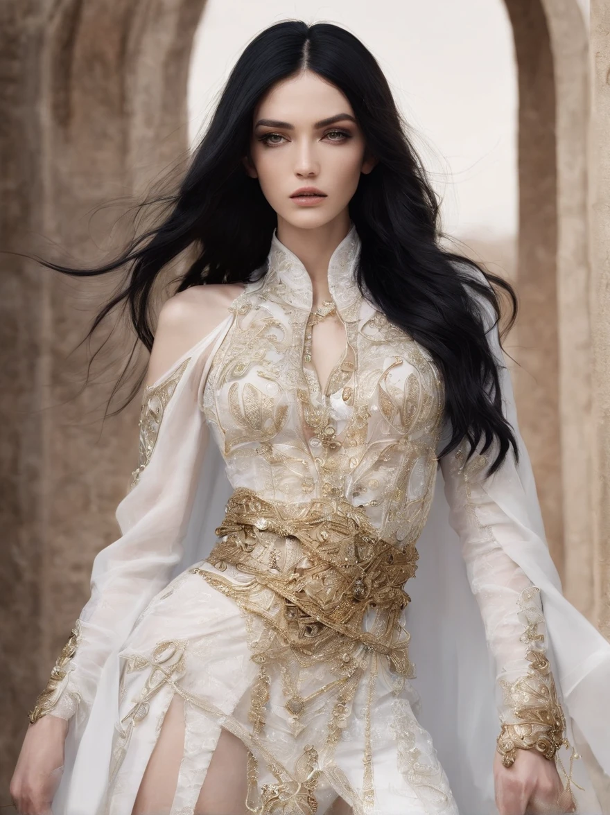 handsome, outside, extremely detailed fantasy clothing, long black hair, Lots of white, layered transparent clothing, gold trim, jewels on hand