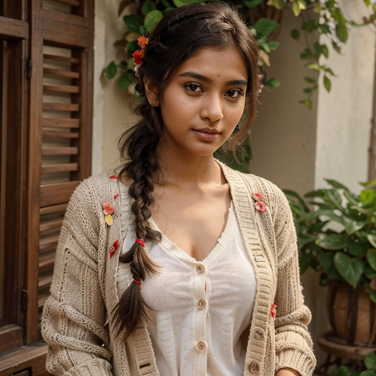 lovely cute young attractive indian girl, brown eyes, gorgeous actress, 23 years old, cute, an Instagram model, Indian,Side Dutch Braid for Girls , wearing Cute red Flower and Cardigan