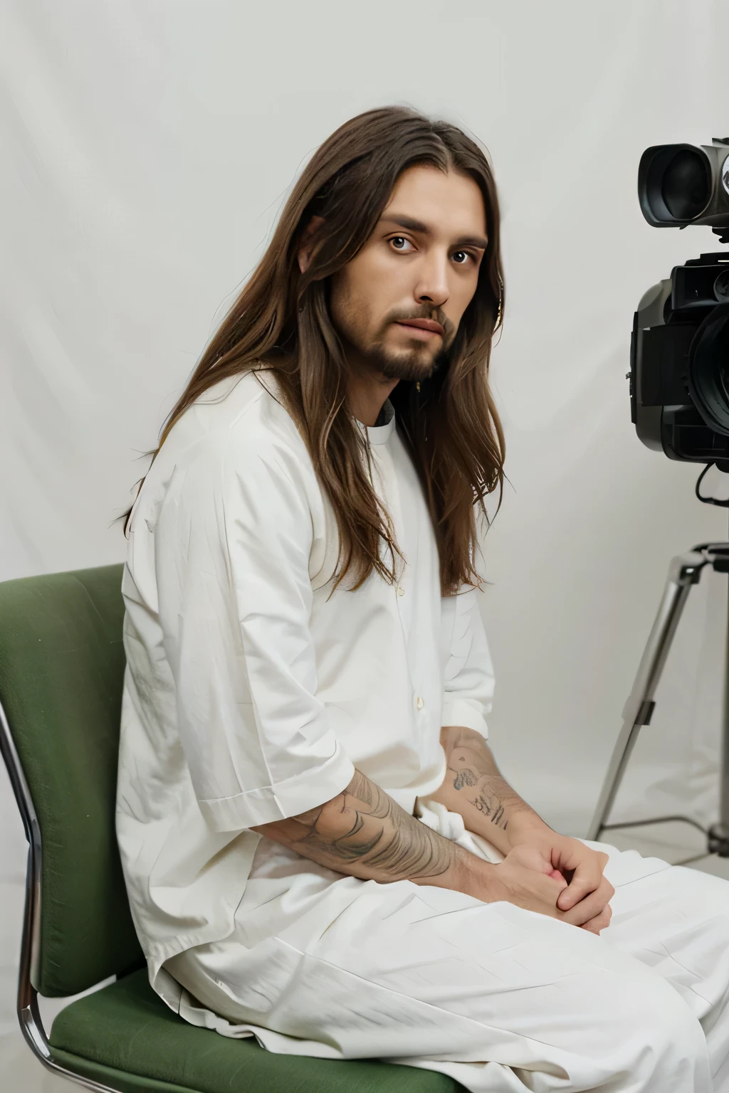 Jesus sitting on chair, odd camera angle from the side, turning head to the camera, white religious clothes, green screen background, his hair woolly in texture