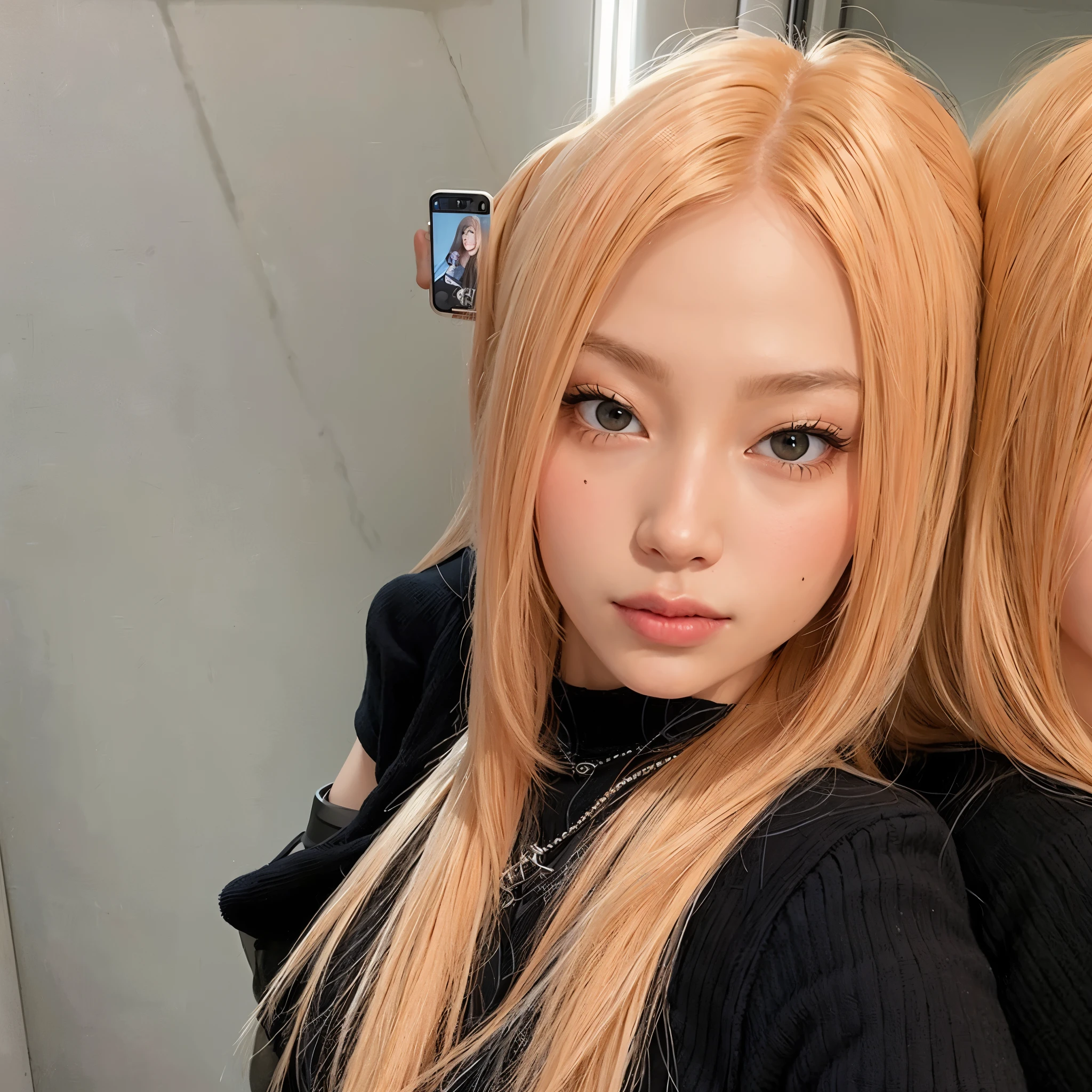 there is a woman with long blonde hair taking a selfie, parque roseanne de blackpink, jossi do blackpink, Ulzzang, portrait of jossi do blackpink, jennie blackpink, ava max, o corte Hime, Lalisa Manobal, Lalisa Manoban do Blackpink, com cabelo comprido, cabelo loiro muito claro, imagem vazada, Bela Delfina