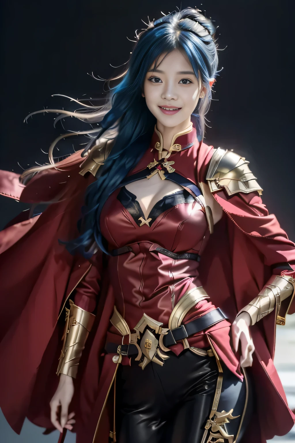 Chinese female general Hua Mulan,Saffron Hu suit lining,Detail the eyes,Crimson cape,Gold metal breastplate,silver helmet,battlefield background,majestic,Smile(open mouth)(The corners of the mouth are raised),Leather tunic,Knee armor,Eight clones,red metal headband,light blue hair,Hair bun raised high。wild wilderness background