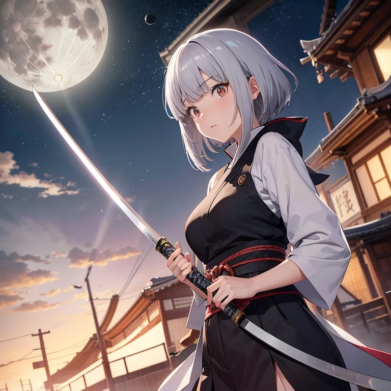 anime, huge moon, musical notation on staff, gray hair(bangs bangs), shortcut, (shinobi girl),Katana, 京都animeーション スタイル, Witstudio style, Production I.G style, CloverWorks style、Ikazuchi