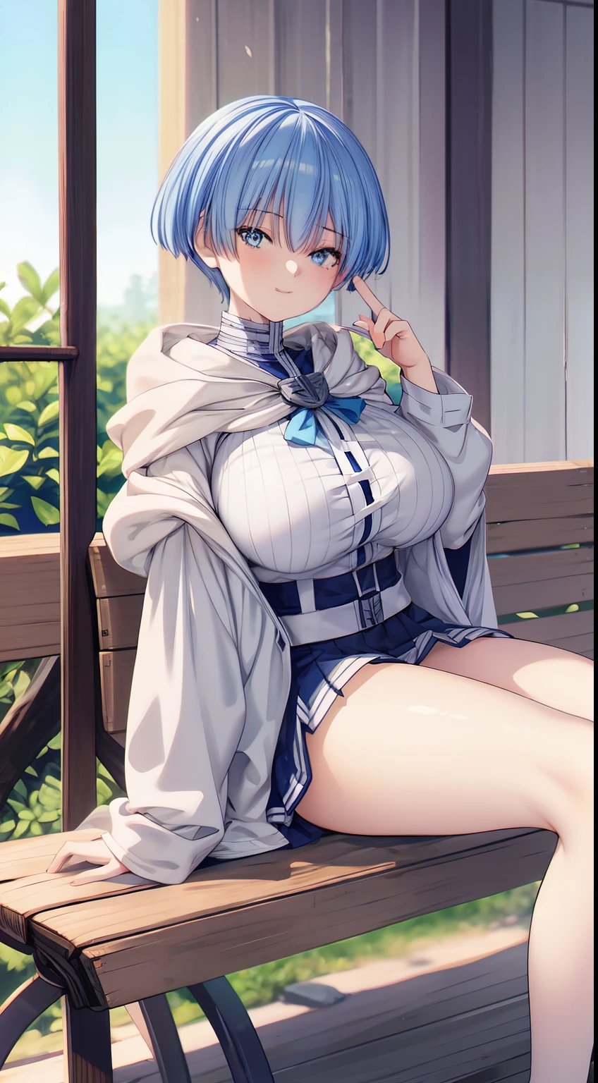  (Beautiful, Huge_Breasts), very short skirt, himmel_sousou_no_frieren, blue hair, blue eyes

anime girl sitting on a bench,

looking at viewer, in the center of the image, 

HD texture, 4k, perfect light, perfect component, perfect colour, perfect anime Creative Upscale, Generates more creative details and increases image resolution up to 2048*2048
