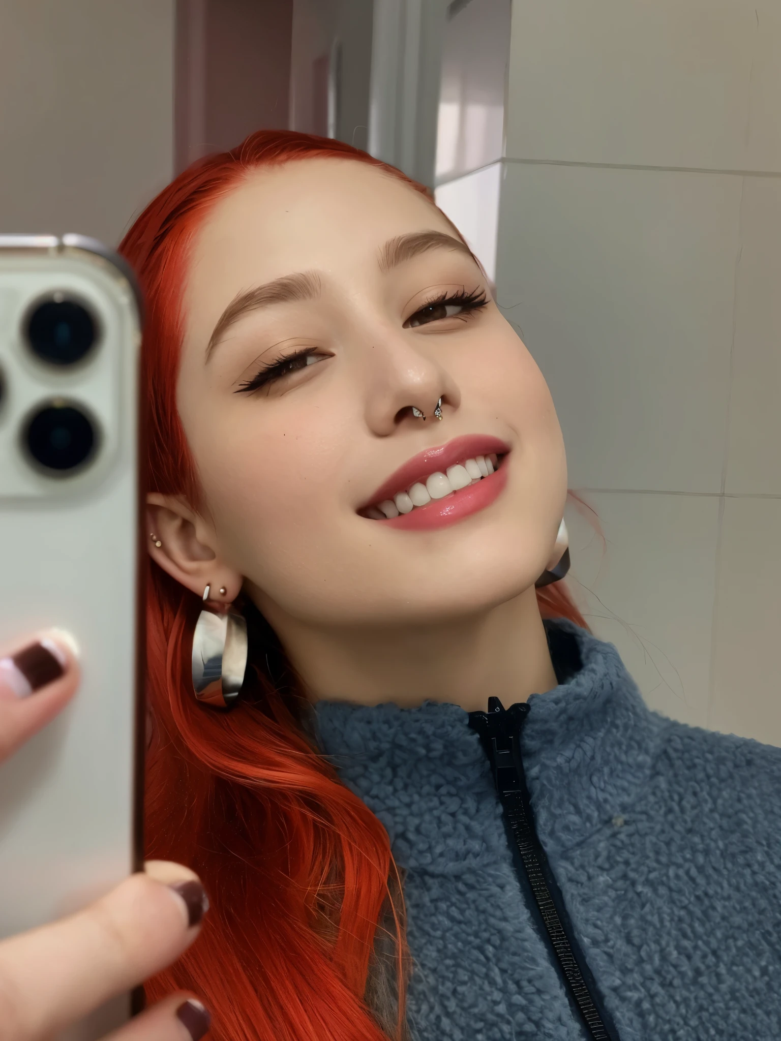 There's a woman taking a selfie with her phone, selfie de uma jovem, brincos enormes e maquiagem estranha, piercings faciais cromados, cabelos tingidos de vermelho, com cabelo ruivo, piercing septal, red hair and attractive features, Kailee Mandel, usando espinhos e piercings, fotografia selfie 8k, cabelo ruivo brilhante, retrato de alta qualidade