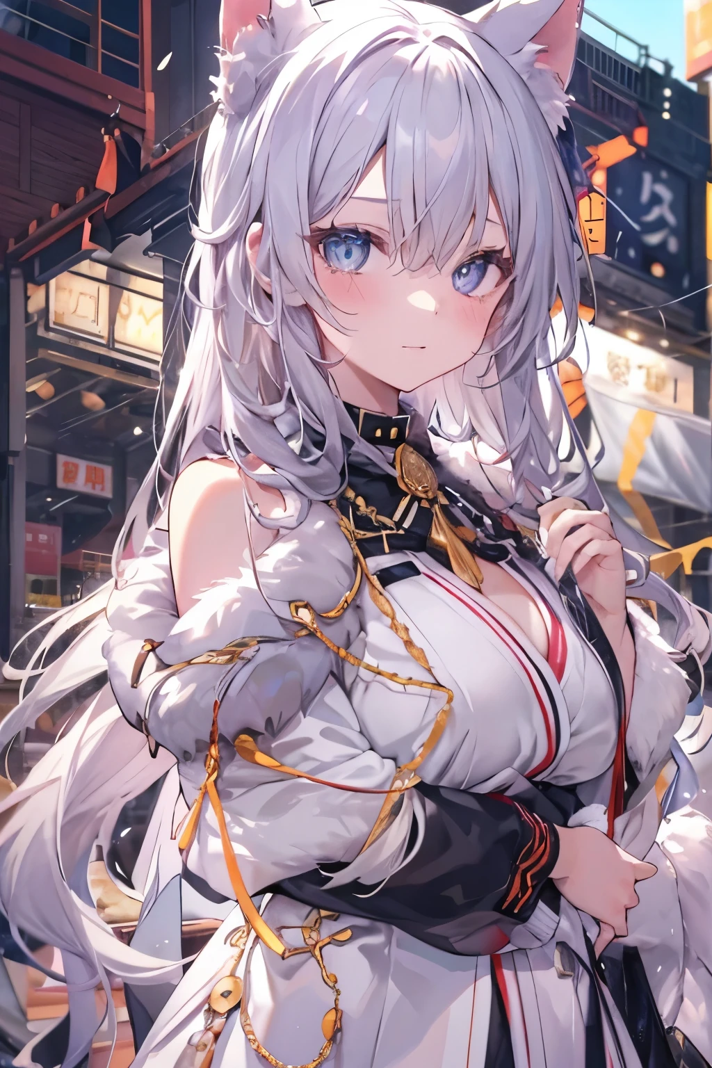 silver hair、cat collar black、eyes with sparkling flames、tits、belly button、japan town tokyo、Staring at the sky、first field view、wavy ponytail、hair on shoulders、very long hair、very thick hair、beautiful and fine eyes、golden eyes、eyes like jewels、Diamond-shaped eyes、hug your feet、detailed jewel leather collar、twin tails、sunglasses、amber eyes、beast ears、smile、embarrassing、blush、Tears、high detail、anime、romanticism、shine、silhouette、Depth of bounds written、UHD、retina、masterpiece、correct、anatomically correct、textured skin、super detail、high detail、award-winning、最high quality、high resolution、high quality、16k、cleavage