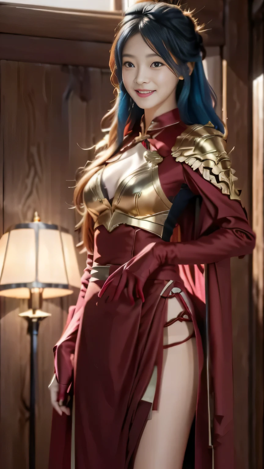 Chinese female general Hua Mulan，Saffron Hu suit lining，Detail the eyes，Crimson cape，Gold metal breastplate，golden helmet，battlefield background，majestic，Smile（open mouth）（The corners of the mouth are raised），Leather tunic，Knee armor，Half-length photo，red metal headband，light blue hair，Hair bun raised high。forest background