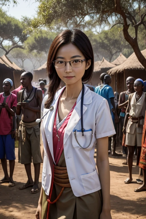 chinese doctor, 30yo, skinny, small breast, glasses, beautiful, wearing stethoscope, in the native african camp, with african native people, crowd, 4k, 8k, highres, best quality, realistic