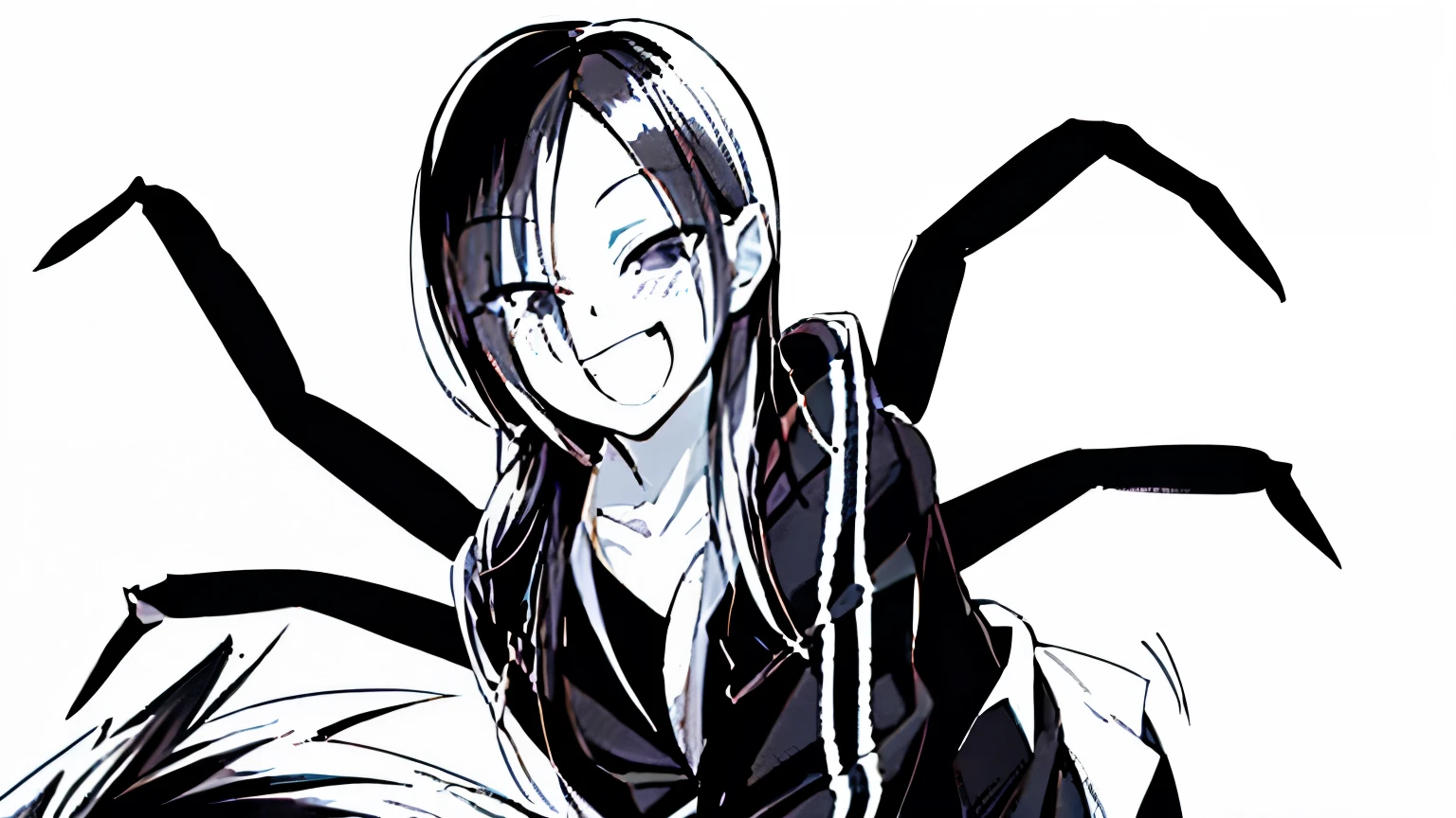 anime, a girl with long hair and a spider costume, black and white manga style, [[[[grinning evily]]]], black and white manga, black and white manga panel, tsukasa dokite, teasing smile, black and white manga comic, mischievous!!, black and white manga page, shikamimi, sinister pose