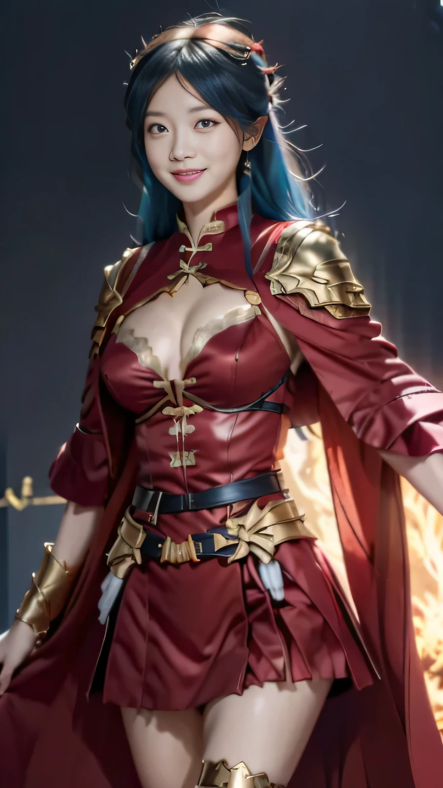 Chinese female general Hua Mulan,Saffron Hu suit lining,Detail the eyes,Crimson cape,Gold metal breastplate,golden helmet,battlefield background,majestic,Smile(open mouth)(The corners of the mouth are raised),Leather tunic,Knee armor,Half-length photo,red metal headband,light blue hair,Hair bun raised high。Wilderness background