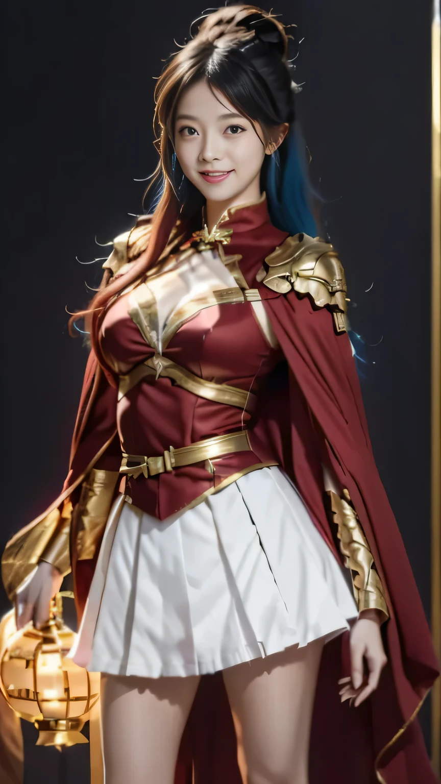 Chinese female general Hua Mulan,Saffron Hu suit lining,Detail the eyes,Crimson cape,Gold metal breastplate,golden helmet,battlefield background,majestic,Smile(open mouth)(The corners of the mouth are raised),Leather tunic,Knee armor,Half-length photo,red metal headband,light blue hair,Hair bun raised high。wild wilderness background