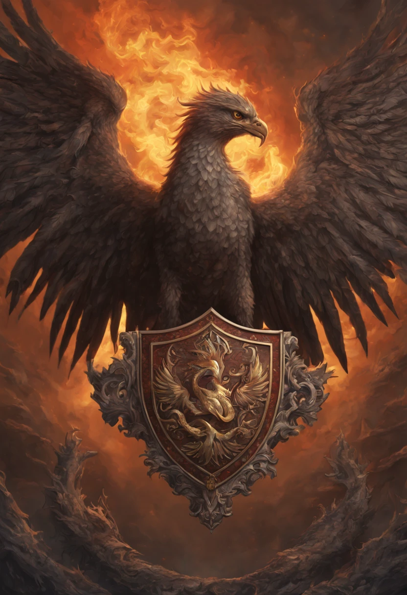 a battle shield with coat of arms using a phoenix bird and fanged snake theme, fire in the background, highly intricate, beautiful, maximalist, hyperdetailed, trending on Artstation