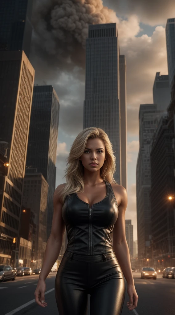 a blonde woman towering , Her toned and athletic build hints at her massive strength. She seems to be casually strolling through the bustling cityscape of GTS City, as towering buildings loom overhead. Smoke and clouds roil around her, adding to the sense of epic scale and drama. The lighting is dark, gloomy, and realistic, creating a tense and ominous atmosphere. The perspective is from below, emphasizing the sheer majesty and power of the Giantess." ,wearing a black leather jacket over a thin, transparent low-cut tank top. She wears matte black leather pants. The woman has a beautiful, toned, body. The image is realistic, highly detailed. Very high resolution, 8k rendering, late afternoon lighting with the sun setting and the horizon red. The city lights are on. The lighting is perfect, the scene is sharp, extreme realism, cinematic image., motion blur, Art Deco, cinematic lighting, 16k, masterpiece, textured skin, 8k, super detail, 8k