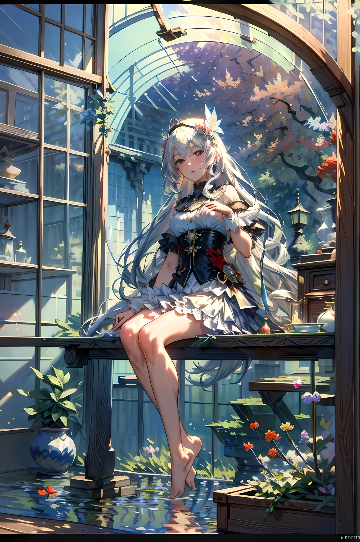 [(Transparent background:1.5)::5],(((Masterpiece))),(((Best quality))),(((Extremely detailed))),illustration, 1girll,Solo,mysterious,vivd colour,Shiny, Underwater transparent sealed hemispherical glass dome, White hair,Red eyes, full bodyesbian,Barefoot,Long hair is calm and natural, Koi,Underwater, Dome,Close up,Dynamic actions,Lens perspective,(((Box composition))),sitting cross-legged，Leaning against the bookshelf,(arm + hand + 1 thumb + 4 fingers),(Impressionism:1.4)