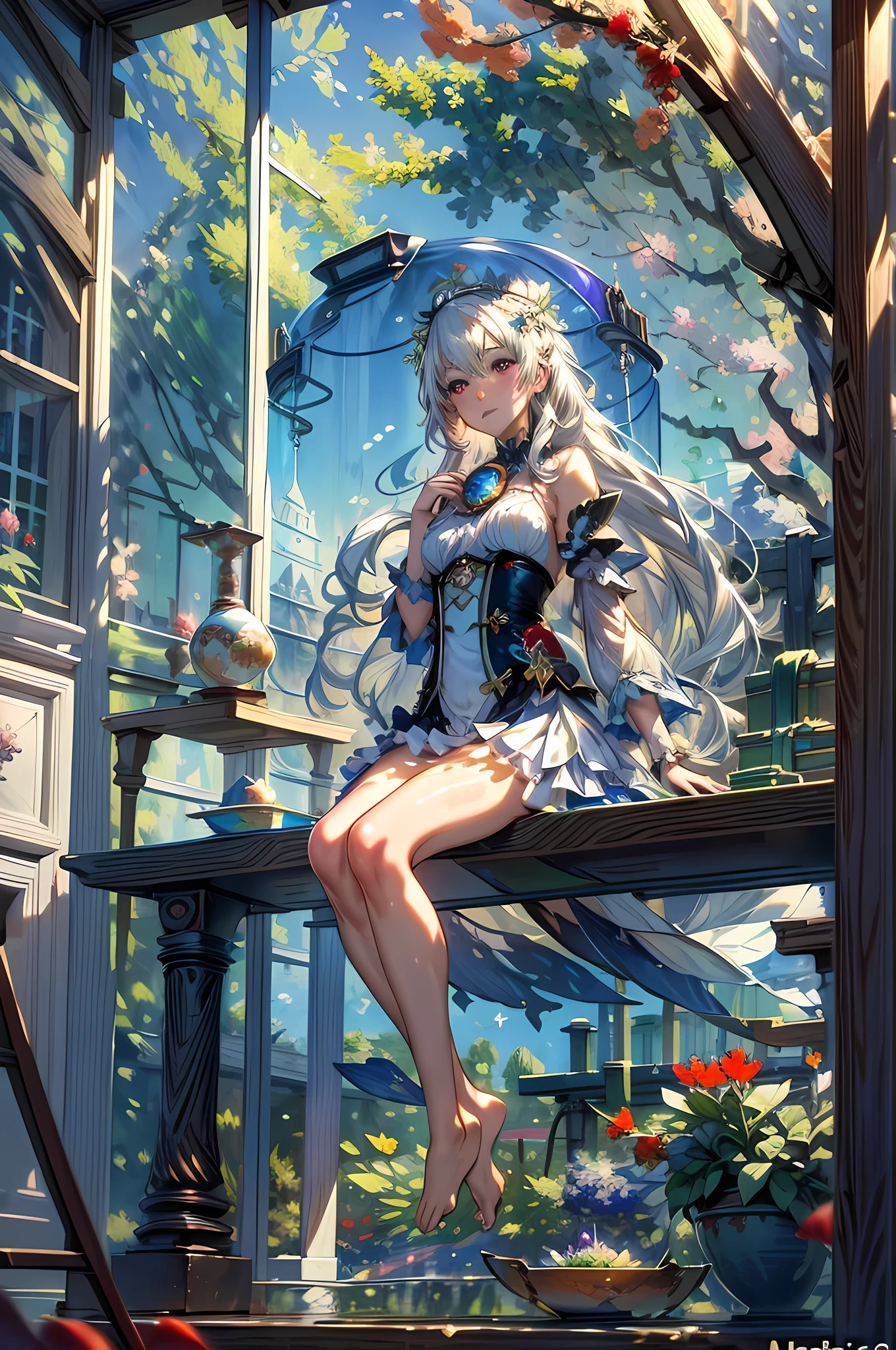 [(Transparent background:1.5)::5],(((Masterpiece))),(((Best quality))),(((Extremely detailed))),illustration, 1girll,Solo,mysterious,vivd colour,Shiny, Underwater transparent sealed hemispherical glass dome, White hair,Red eyes, full bodyesbian,Barefoot,Long hair is calm and natural, Koi,Underwater, Dome,Close up,Dynamic actions,Lens perspective,(((Box composition))),sitting cross-legged，Leaning against the bookshelf,(arm + hand + 1 thumb + 4 fingers),(Impressionism:1.4)