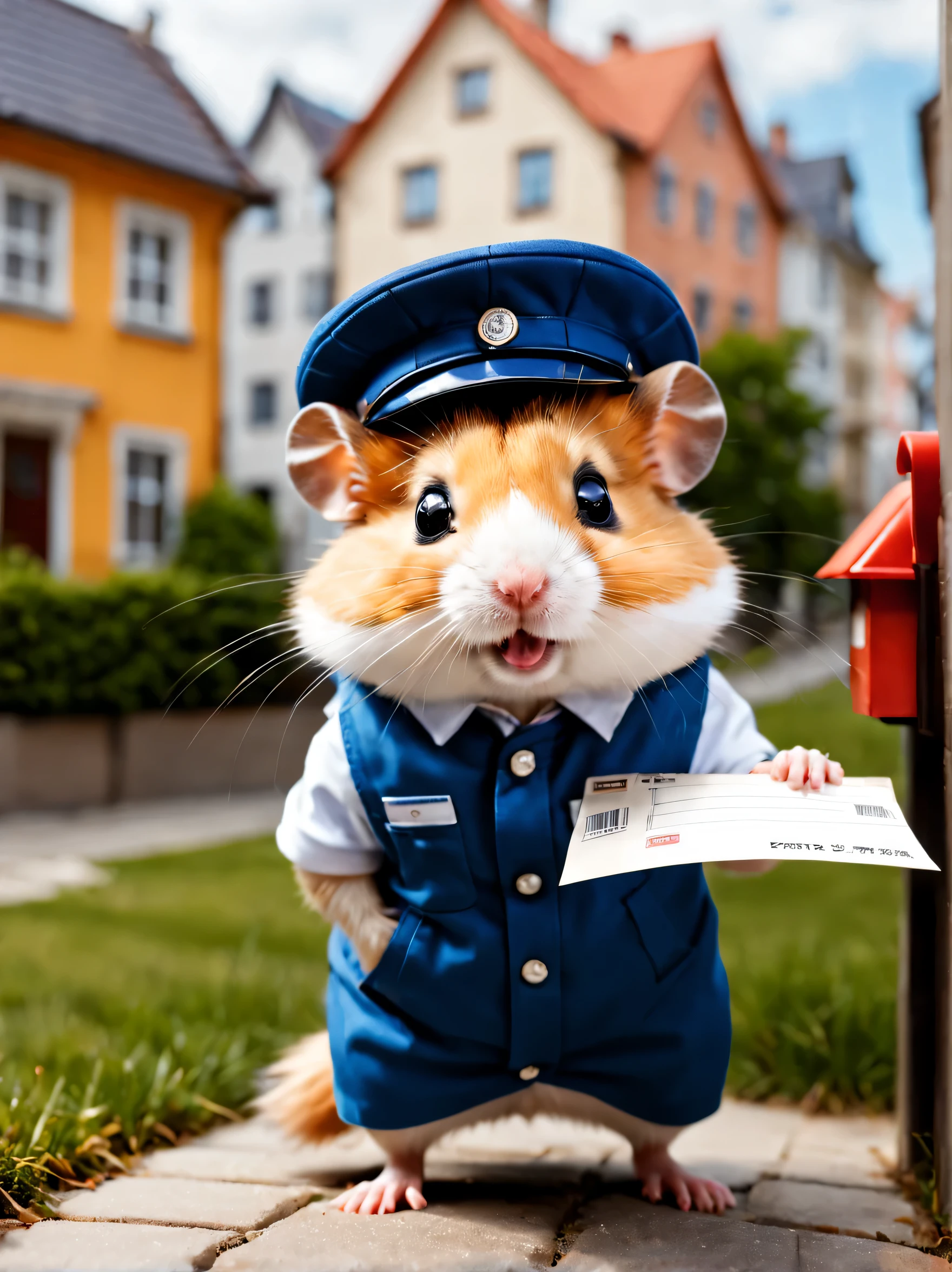 ハムスターのPostal worker,Post a postcard to a mailbox at a private residence,Postal worker#39;Clothing details,Postal workerの制服,post office hat,picture postcard,,happiness,blurred background,urban background,cute,Fluffy hamsters,最高にcuteハムスター,masterpiece,advertising photo,fantasy,hamster sized city