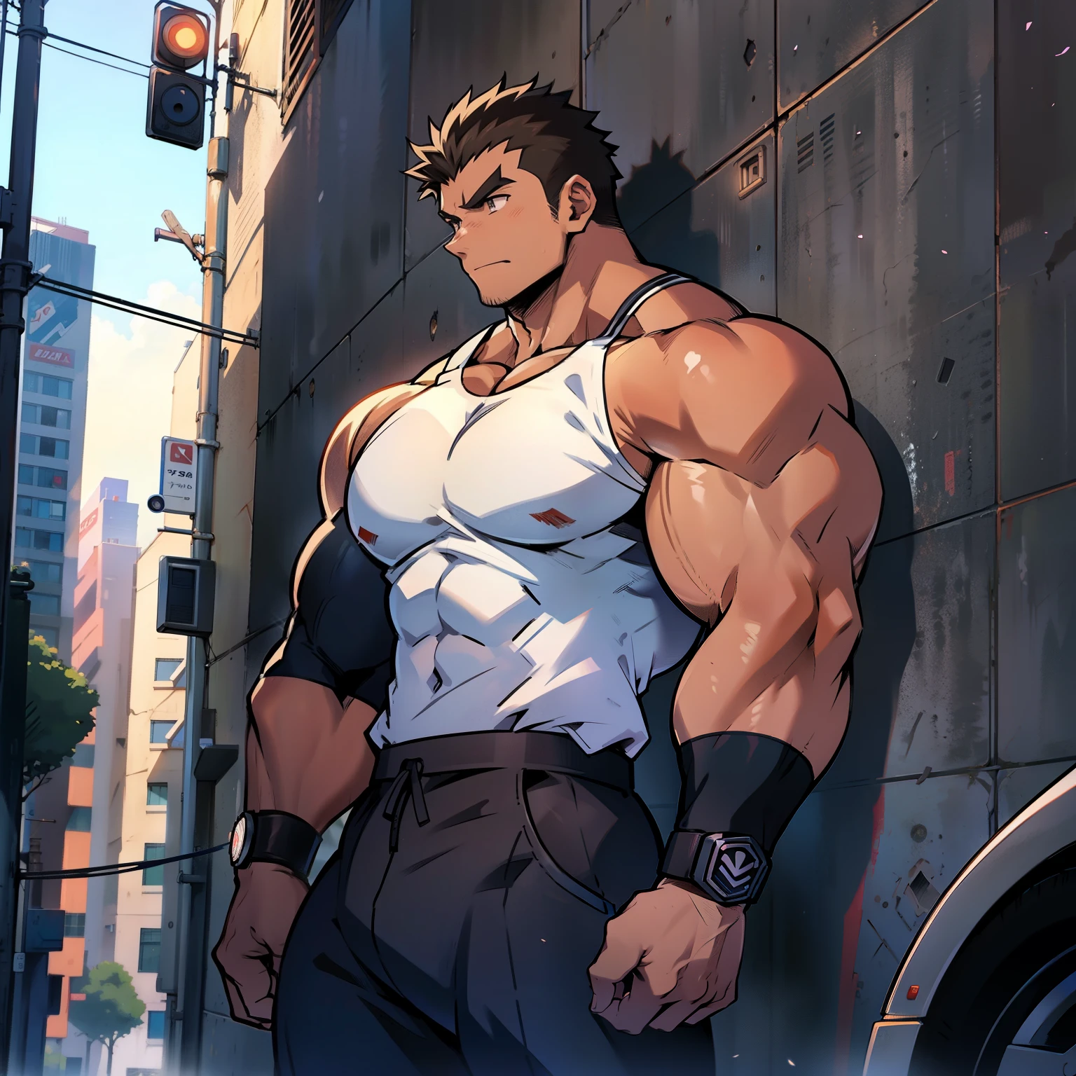 ((Anime style art)), Extremely muscular masculine character, bodybuilder body, wearing a sleeveless V-neck shirt, hands raised at neck level, The character is leaning against a wall. Pockets, Futuristic cityscape, Busy route, Buildings, person
AS & Vehicles. Main character from the anime, Nice image, Hard drive, 4k, Main character leaning against a wall with his hands at face level.