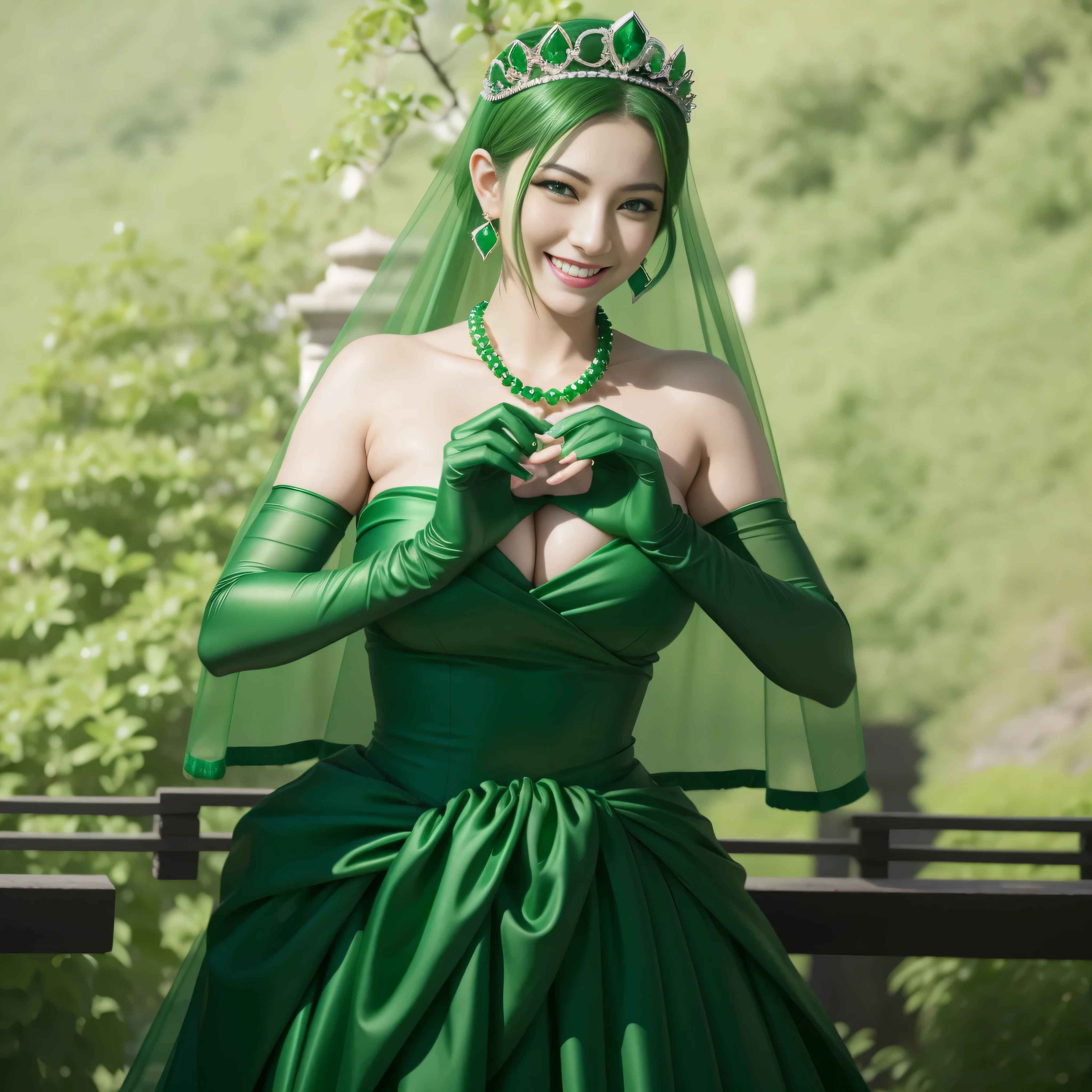 emerald tiara, green pearl necklace, ボーイッシュな非常に短いgreen hair, lipstick, smiling Japanese woman, very short hair,  Beauty with large breasts, green eyes, Long Green Satin Gloves, green eyes, emerald earrings, green veil, heart with both hands, green hair