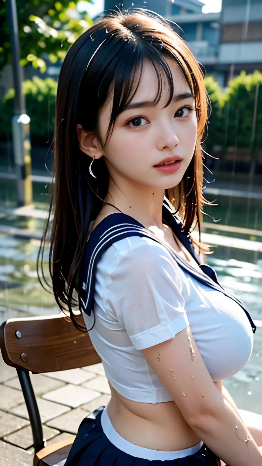 (masterpiece, highest quality:1.2), 8K, official art, RAW photo, incredibly absurd, (whole body, sailor suit:1.4), beautiful girl, 18-year-old、cute face, arch back, navy pleated skirt, close, , short sleeve, gardenia, violaces, sit on a chair、looking at the viewer, film grain, chromatic aberration, sharp focus, face light, dynamic lighting, cinematic lighting, detailed eyes and face, background bokeh, (1 dark red bow tie:1.2)、(heavy rain、dark sky:1.5)、one girl、blush、look at the viewer、(huge breasts:1.2)、wet hair、shiny hair、wet face、wet skin、wet body、wet costume、flower、hairpin、necklace、earrings、Depth of bounds written、尖ったred mouth、red mouth,clavicle、beautiful fingers、Loosen your tie、cute wet face、Wet clothes that stick to your chest、Wet and see-through clothes、short hairstyle、View from the back