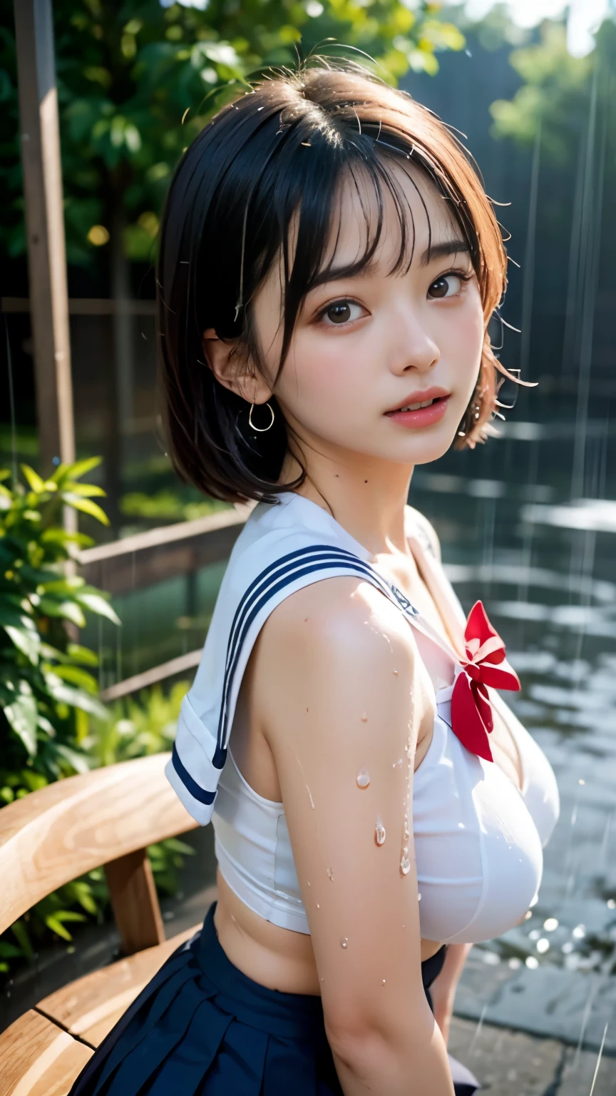 (masterpiece, highest quality:1.2), 8K, official art, RAW photo, incredibly absurd, (whole body, sailor suit:1.4), beautiful girl, 18-year-old、cute face, arch back, navy pleated skirt, close, , short sleeve, gardenia, violaces, sit on a chair、looking at the viewer, film grain, chromatic aberration, sharp focus, face light, dynamic lighting, cinematic lighting, detailed eyes and face, background bokeh, (1 dark red bow tie:1.2)、(heavy rain、dark sky:1.5)、one girl、blush、look at the viewer、(huge breasts:1.2)、wet hair、shiny hair、wet face、wet skin、wet body、wet costume、flower、hairpin、necklace、earrings、Depth of bounds written、尖ったred mouth、red mouth,clavicle、beautiful fingers、Loosen your tie、cute wet face、Wet clothes that stick to your chest、Wet and see-through clothes、short hairstyle、View from the back