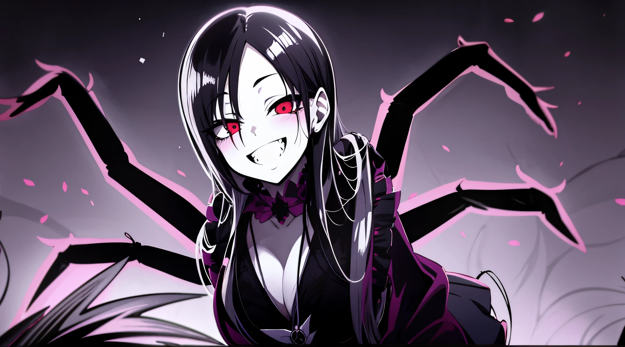 anime, a girl with long hair and a spider costume, teasing smile, sinister pose, black and white manga style, [[[[grinning evily]]]], tensei shitara slime datta ken, black and white manga, exciting expression, spider, creepy pose, tsukasa dokite, arachnophobia, shikamimi