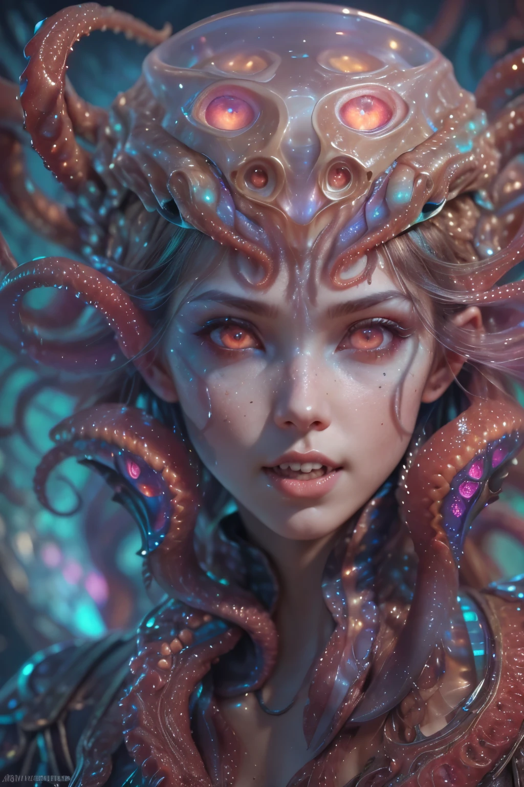 (1 beautiful and obscene female alien:1.4), (There is a female genital-like organ in the middle of the forehead:1.95), (vulgarity1.7), (she is looking at viewers with glowing red eyes with no pupils:1.8), (She has translucent pale skin:1.7),(She has the most beautiful face in the history of the universe:1.2), (She has multiple bioluminescent organs on the side of her tentacles:1.4), (Her body is covered with an iridescent exoskeleton:1.6), (She is showingh her arm pits:1.4), an evil gaze that seduces, (large mouth:1.1), (sharp teeth like a vampire:1.2), Full body portrait, (bio luminescent:1.5), (Smile wickedly:1.3), (sexypose:1.5), alien, No humans, cells are fused, (there are lots of translucent tentacles from her head like her hair:1.8) extraterrestrial, cell, bio image, masterpiece, ultra high resolution, (photos realistic:1.7), scary and sexy detailed art in color, best quality, 8K,In 4K_quality, High freshness, Dramatic Lighting, cinematic quality, (exquisite details:1.2), High freshness, drawing faithfully, (Thick eyebrows:1.2), Beautiful eyes with fine symmetry,(Highly detailed face and eyes:1.2),(Super detailed skin quality feeling:1.4), perfect anatomy, (Beautiful toned body:1.5), (Moist skin:1.2), not wearing makeup, (dark circles:1.1), long canines, cinematic drawing of characters, cinematic quality, detail up, (exquisite details:1.2), high resolution, High freshness, drawing faithfully, official art, Unity 8K Wall paper, ultra detailed artistic photography, midnight aura, unreal engine 5, Ultra Sharp Focus, art by Amano Yoshitaka, ArtGerm, Roisch, intricate artwork,ultra realistic realism, dream-like, Creation of fantasy, dream Snail, (biopunk nautilus:1.3),Thrilling color schemes, seductively smiling, Amazing mutation, well-proportioned body, goddess of the deep sea, fractal, Geometric pattern, impossible figures,(asymmetry:1.4), (white tentacles with blue stripes:1.4), subtle emerald green accents, (expression of ecstasy:1.6), wearing biological armor
