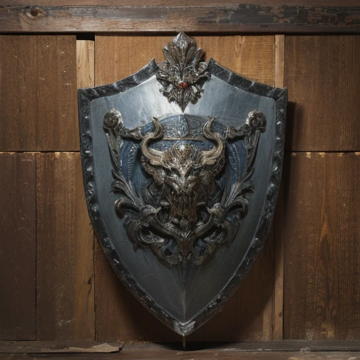 shield metallic huge, battle shield, symmetric composition, shield ancient old damaged  with covered decor, front vew frontal, shield wood metal, super detailed, high resolution, ultra detalisation. masterpiece art, ancient weapon steel swords around, pile of weapons steel swords weapons tools