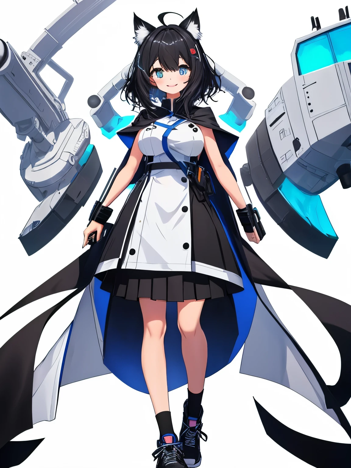 whole body,((((upright)))), ((((arm to the side)))), looking at the viewer, simple background、white background, 1 girl, open your mouth, smile, Virtual YouTuber、with a girl、((highest quality, expensive_solve, clear_image)),(black hair), (black cat ears), (Ahoge), (ridiculously short hair), (wavy hair), (blue eyes),、laughter、very big breasts,(wearing shoes on feet)、concept art、((show viewer))。uniform。Wearing a cape。