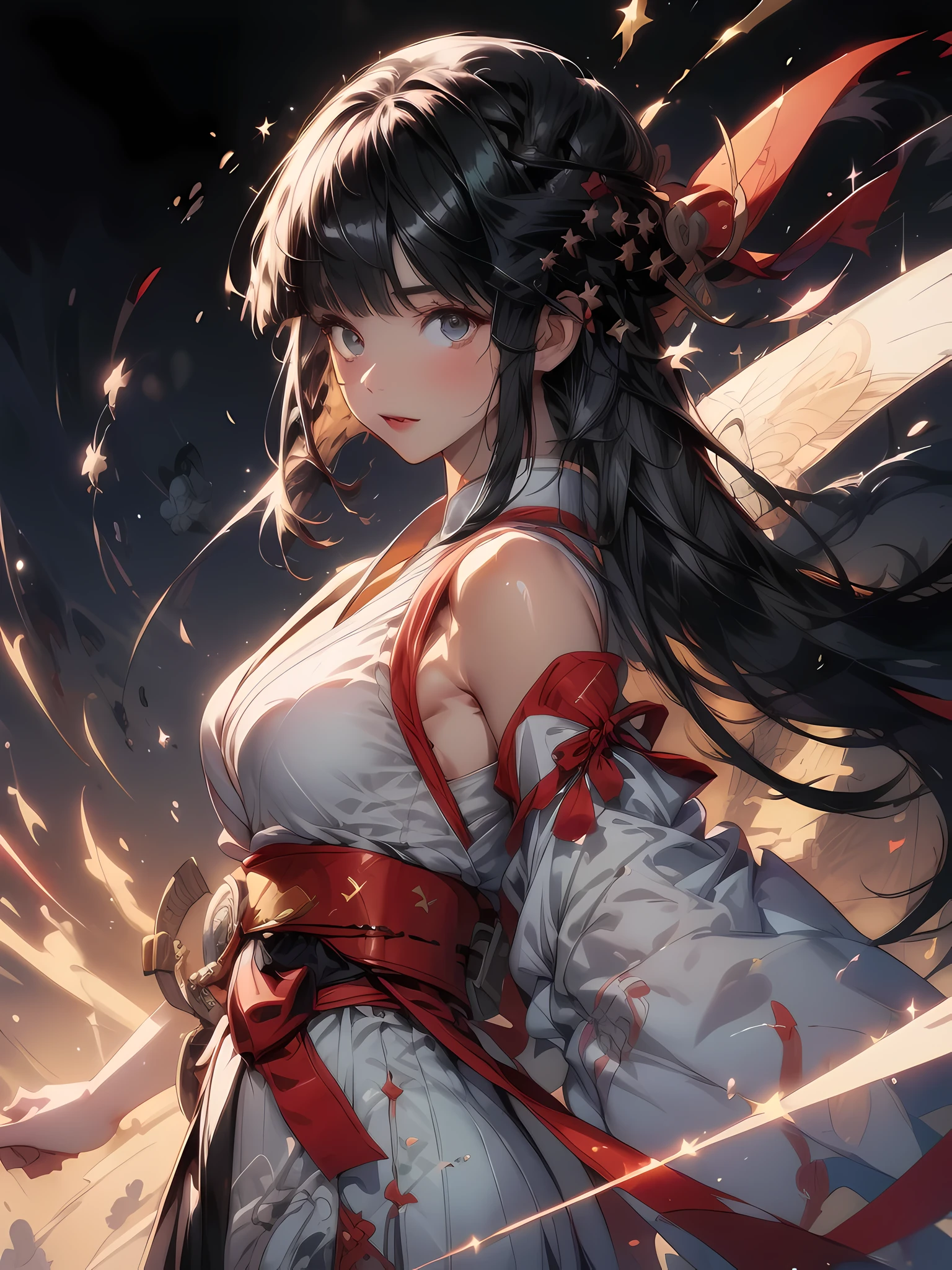 (fantasy illustration:1.5), (solo:1.2), (anime,8k,masterpiece, top quality, best quality,beautiful and aesthetic:1.2,professional illustrasion:1.1,ultra detail:1.3,perfect lighting), extremely detailed, highest detailed, incredibly absurdres, highres, ultra detailed, intricate:1.6, (girl), highly detailed beautiful face and eyes, beautiful hair, bob hair, blunt bangs, (black hair:1.4), (Red ribbon on the back of the hair:1.2), ( Samurai Shodown's nakoruru costume:1.2), kirakira skin, (abstract:1.2), pretty, subesube, (small stature,medium breast), sense of speed, The Dagger Master,