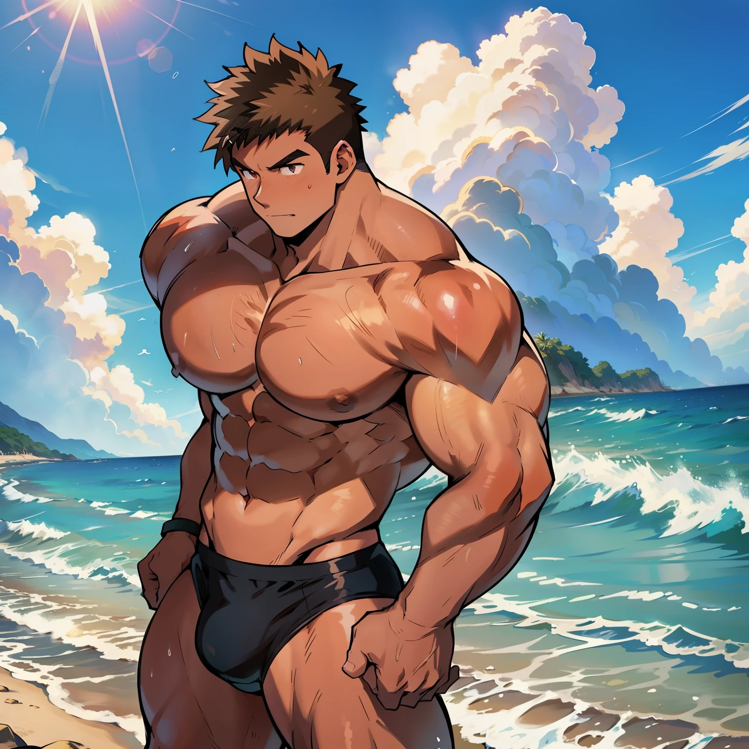 ((Anime style art)), Extremely muscular male character, bodybuilder body, bulky muscles, bare chest, voluminous pecs, wears a tight swimsuit (Thong), shirtless, topless, 1 man, alone, beach, sunny day, beautiful day, sea, clouds. Anime main character, Nice image, Hard drive, 4k, Main character.