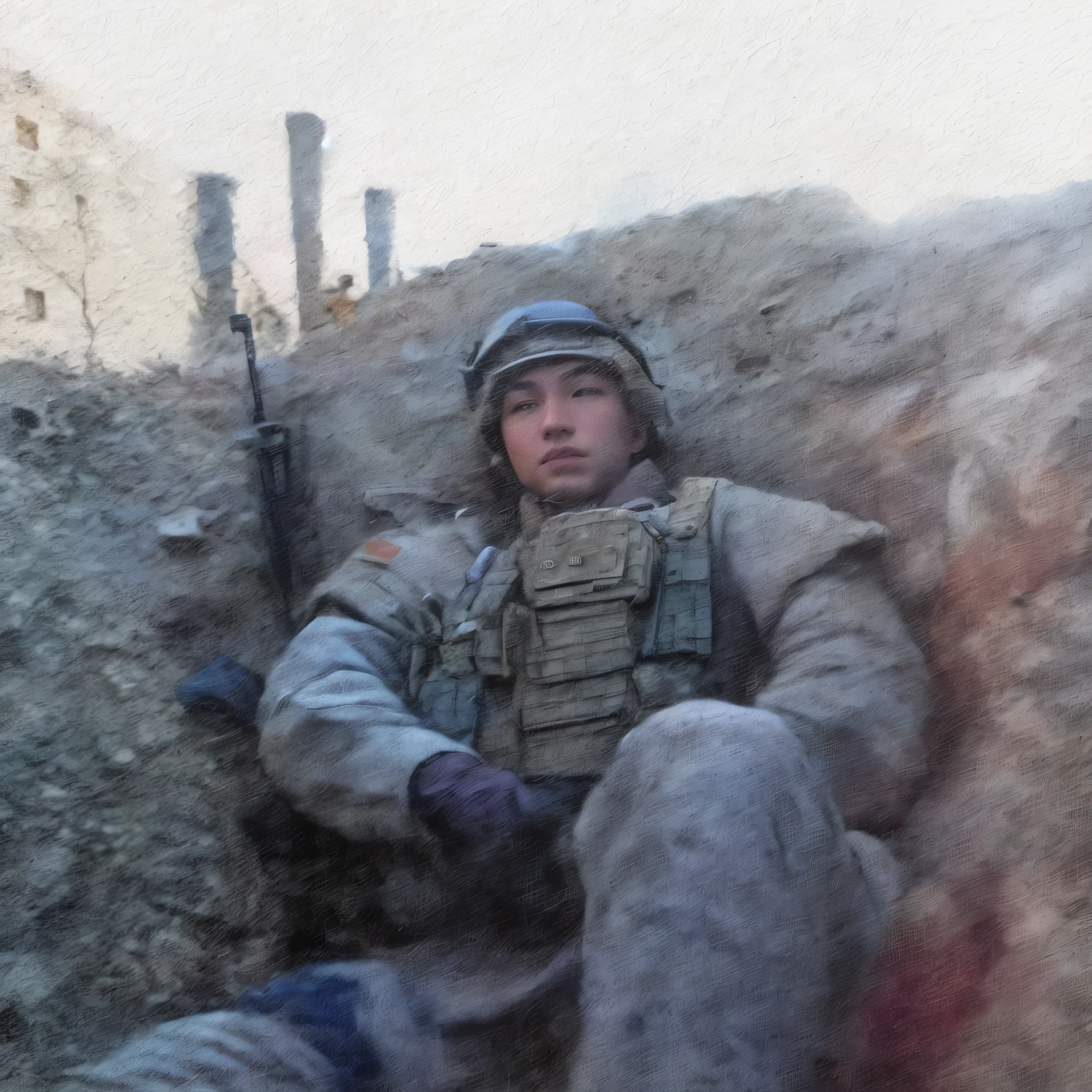 arafed soldier sitting in a trench with a gun in his hand, resting after a hard mission, solo male weary soldier, war footage, soldier under heavy fire, profile shot, in the middle of the battlefield, pov shot, in trenches, 8 5 mm shot, door gunner, killed in war, ripped up field fatigues, taking a smoke break