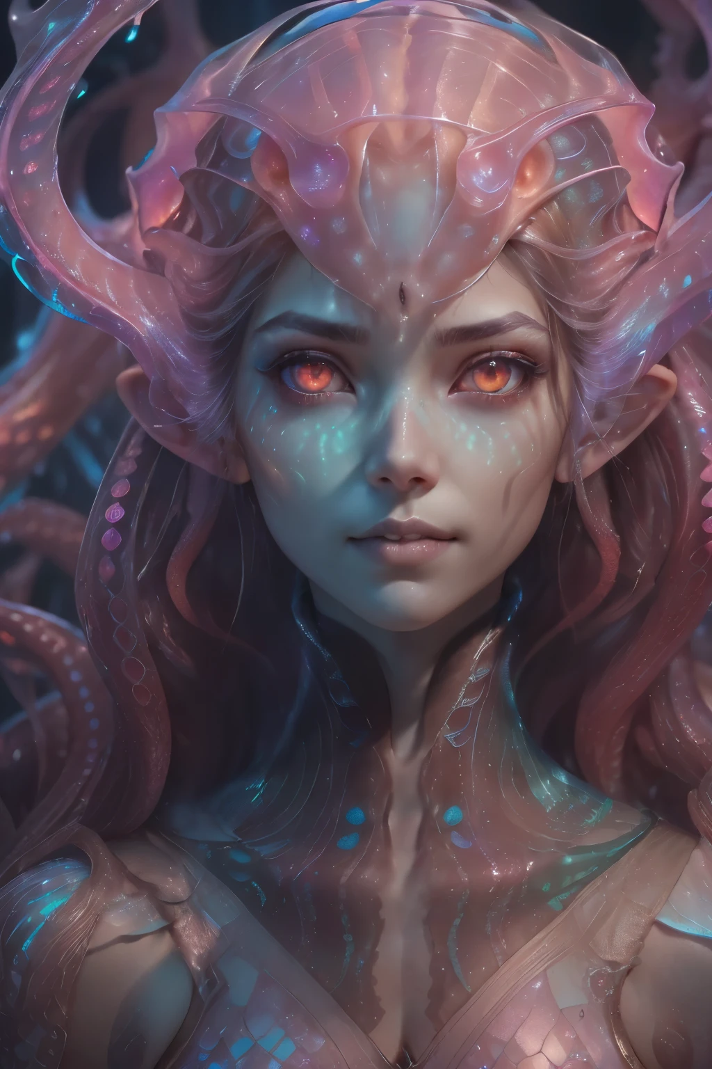 (1 beautiful and obscene female alien:1.4), (There is a female genital-like organ in the middle of the forehead:1.95), (vulgarity1.7), (she is looking at viewers with glowing red eyes with no pupils:1.8), (She has translucent pale skin:1.7),(She has the most beautiful face in the history of the universe:1.2), (She has multiple bioluminescent organs on the side of her tentacles:1.4), (Her body is covered with an iridescent exoskeleton:1.6), (She is showingh her arm pits:1.4), an evil gaze that seduces, (large mouth:1.1), (sharp teeth like a vampire:1.2), Full body portrait, (bio luminescent:1.5), (Smile wickedly:1.3), (sexypose:1.5), alien, No humans, cells are fused, (there are lots of translucent tentacles from her head like her hair:1.8) extraterrestrial, cell, bio image, masterpiece, ultra high resolution, (photos realistic:1.7), scary and sexy detailed art in color, best quality, 8K,In 4K_quality, High freshness, Dramatic Lighting, cinematic quality, (exquisite details:1.2), High freshness, drawing faithfully, (Thick eyebrows:1.2), Beautiful eyes with fine symmetry,(Highly detailed face and eyes:1.2),(Super detailed skin quality feeling:1.4), perfect anatomy, (Beautiful toned body:1.5), (Moist skin:1.2), not wearing makeup, (dark circles:1.1), long canines, cinematic drawing of characters, cinematic quality, detail up, (exquisite details:1.2), high resolution, High freshness, drawing faithfully, official art, Unity 8K Wall paper, ultra detailed artistic photography, midnight aura, unreal engine 5, Ultra Sharp Focus, art by Amano Yoshitaka, ArtGerm, Roisch, intricate artwork,ultra realistic realism, dream-like, Creation of fantasy, dream Snail, (biopunk nautilus:1.3),Thrilling color schemes, seductively smiling, Amazing mutation, well-proportioned body, goddess of the deep sea, fractal, Geometric pattern, impossible figures,(asymmetry:1.4), (white tentacles with blue stripes:1.4), subtle emerald green accents, (expression of ecstasy:1.6), wearing dark black armor