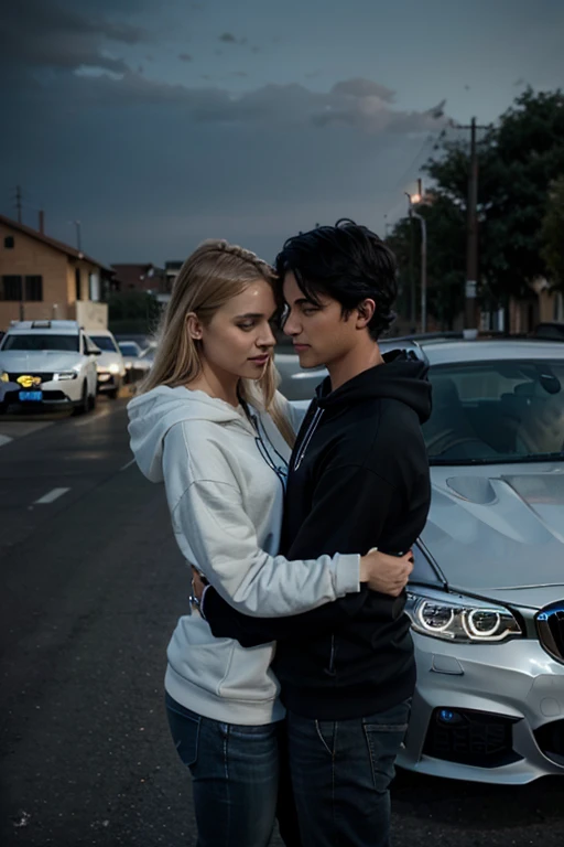 - A BMW brand car - A couple hugging each other in front of it - A girl with blonde hair and blue eyes - A boy with black hair and a hoodie
