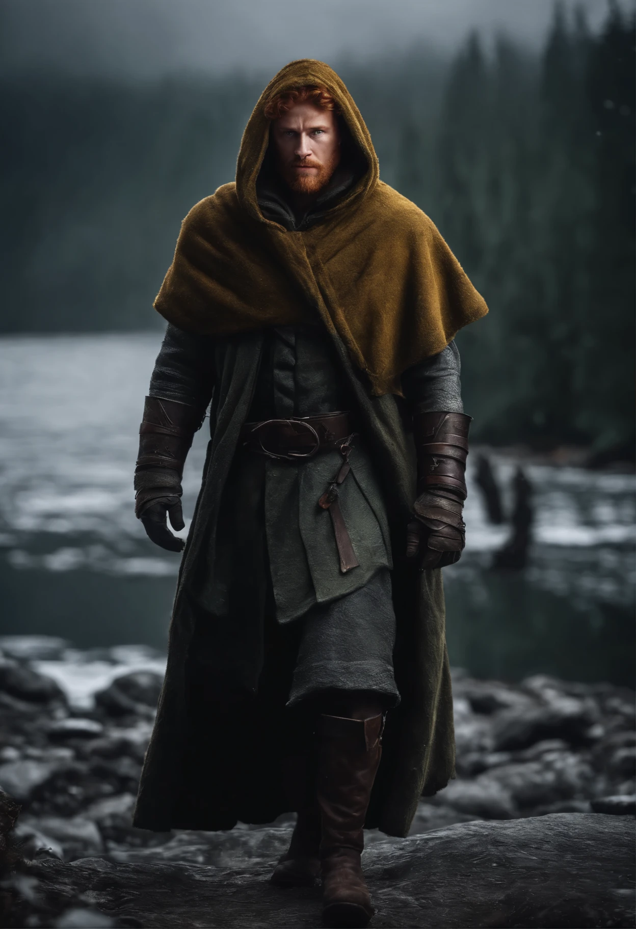 mysterious middle aged human male, short ginger hair, short ginger beard, scarred face, scars, detailed dark green eyes high details, grey scale armor, dark hooded cloak, dark fantasy, cinematic shot, yellow glow, frozen tundra background, medieval, masterpiece, all in a dark fantasy artstyle