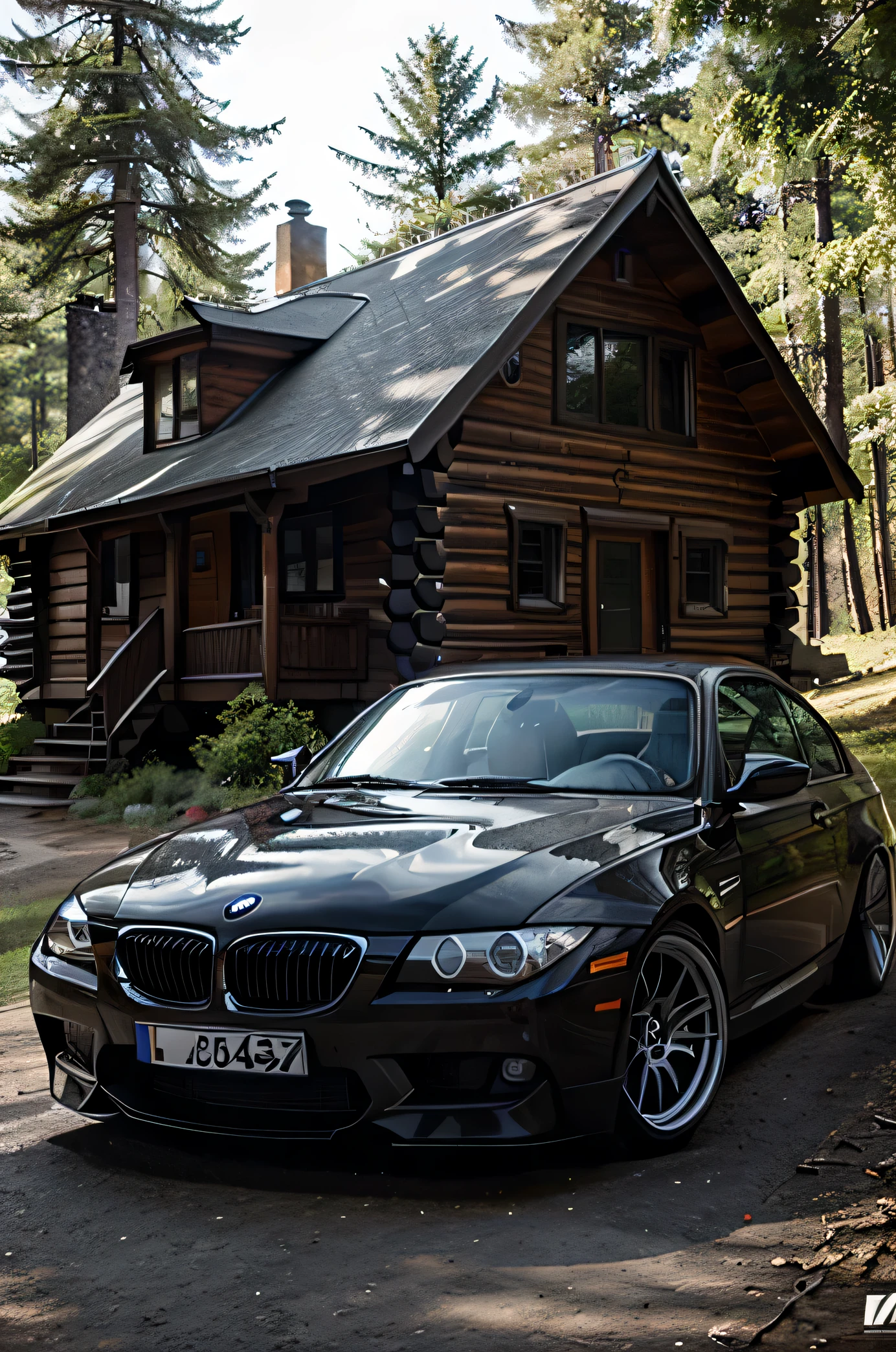 BMW e92 with alpina restyling BBS rims standing next to a log cabin in the middle of a very big forest