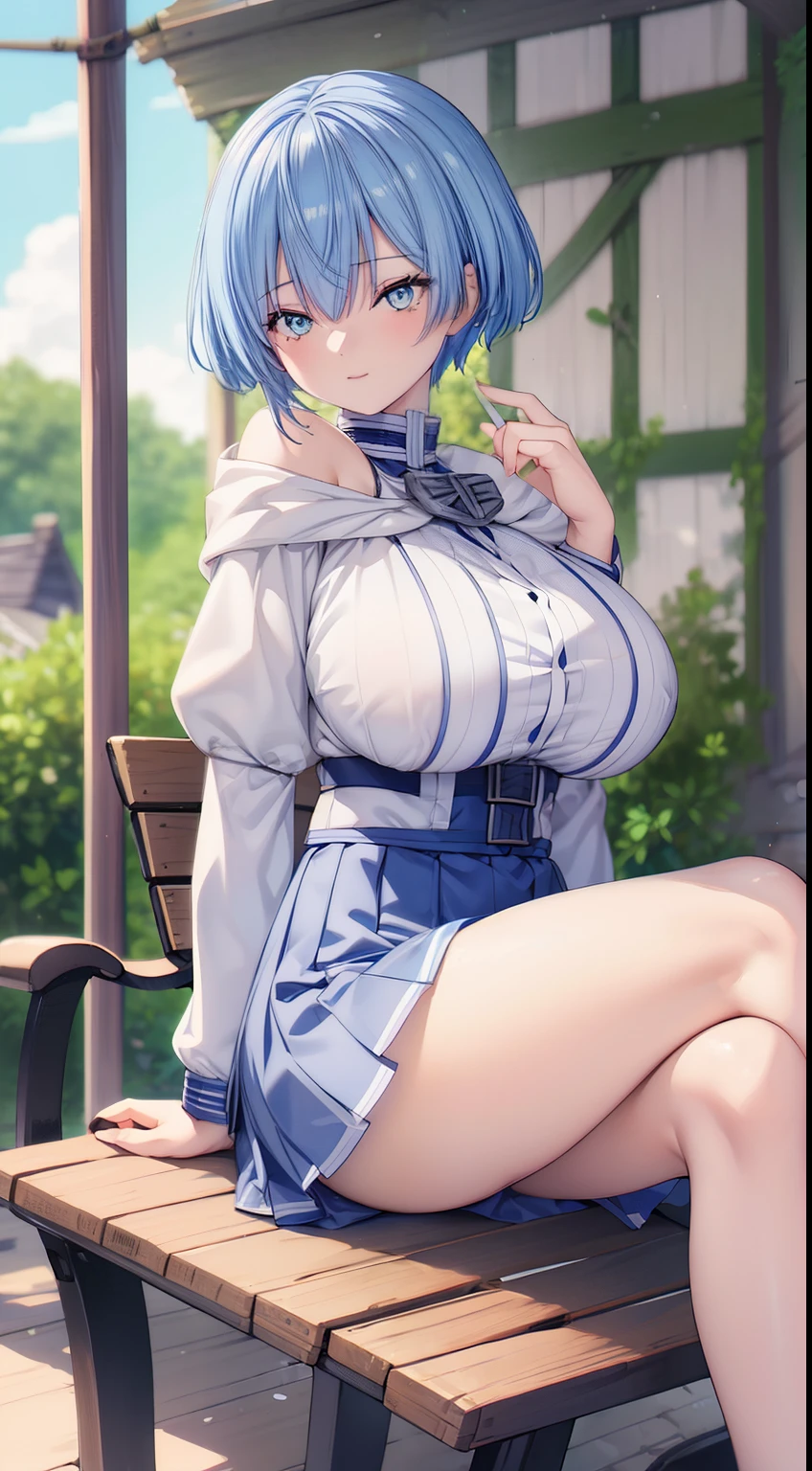 (Beautiful, Huge_Breasts), very short skirt, himmel_sousou_no_frieren, blue hair, blue eyes
anime girl sitting on a bench,
looking at viewer, in the center of the image,
HD texture, 4k, perfect component,