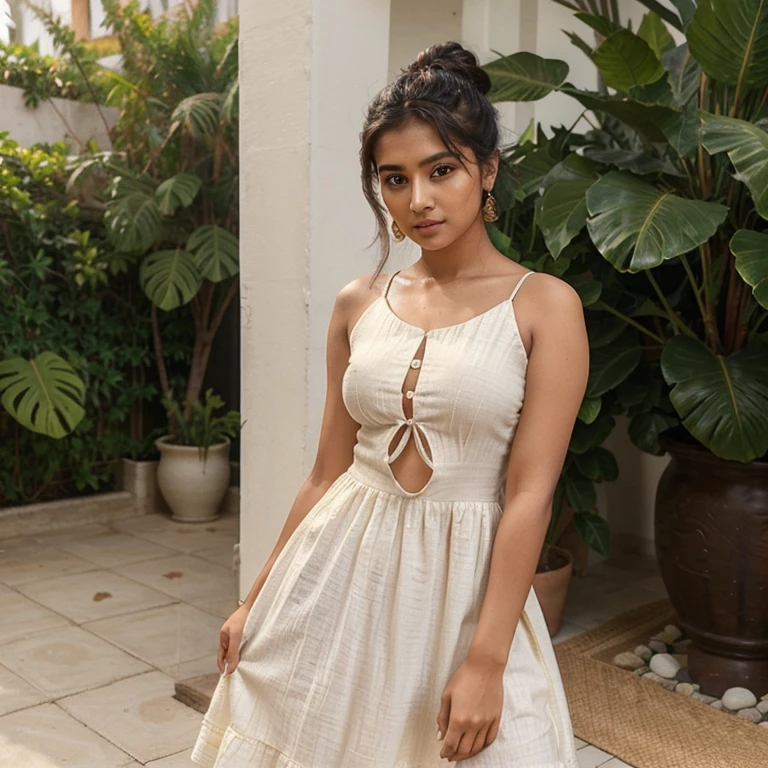 A full image of Pretty indian teen girl with blue eyes in white dress in chennai Marina beach 