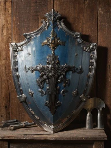 shield metallic huge, battle shield, symmetric composition, shield ancient old damaged  with covered decor, front vew frontal, shield wood metal, super detailed, high resolution, ultra detalisation. masterpiece art, ancient weapon steel swords around, pile of weapons steel swords weapons tools