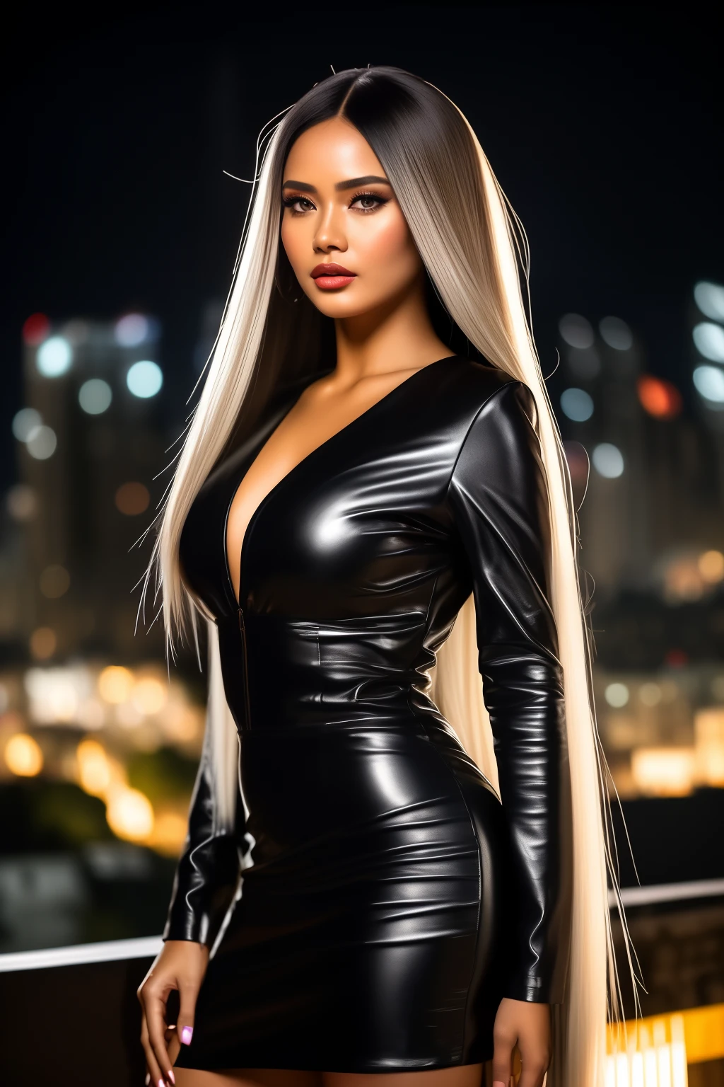 ((best quality)), ((masterpiece)), (detailed), perfect face, an Indonesian women Long straight tight hair style wearing black bodycon doff leather dress colorful make up with accessories , face to camera ,  big breast , roof top building at night , low light ,, full body shot , straight angle , hyper Realistic , 16 k UHD