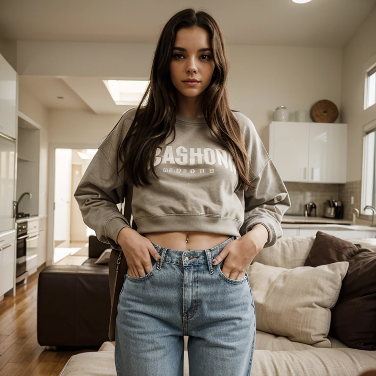 16 years-old model girl with brunette hair and dark-brown eyes and with cute face, light smile, leaning on a shelf in the kitchen with her left arm, her left arm is placed on her side, wearing cute black panties and oversize gray hoody