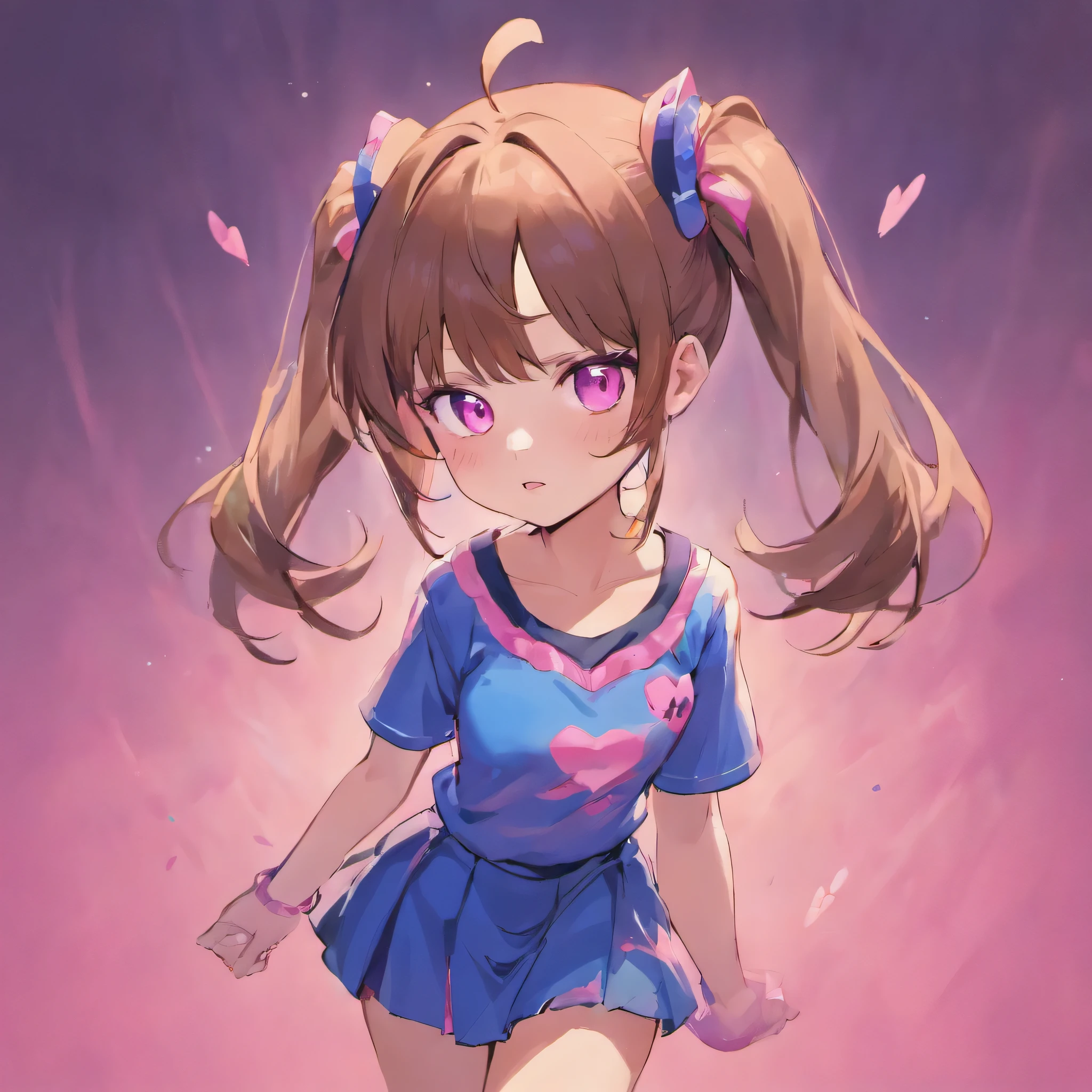 Long brown hair with ponytails,pink eyes,cat's ears,blue T-shirt with a pink cat and a blue skirt in anime style
