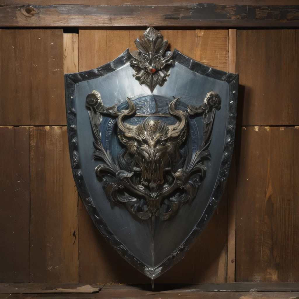 shield metallic huge, battle shield, symmetric composition, shield ancient old damaged  with covered decor, front vew frontal, shield wood metal, super detailed, high resolution, ultra detalisation. masterpiece art, ancient weapon steel swords around, pile of weapons steel swords weapons tools