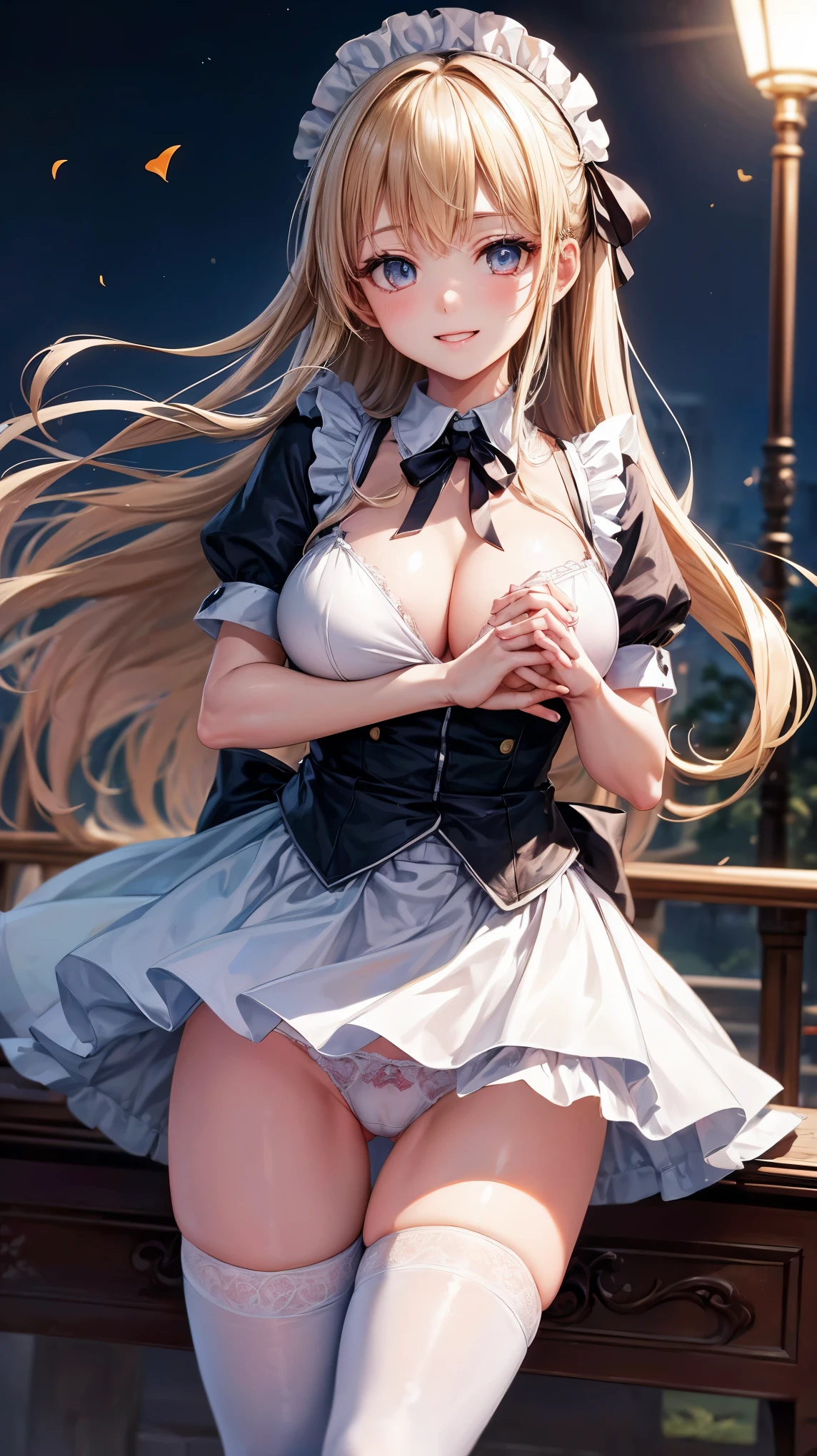 ((highest quality、High resolution、8K、masterpiece:1.3))、dynamic angle、I can see the whole body、wallpaper、1 girl、unparalleled beauty、ultimate beauty、super detailed face、delicate eyes、smile shyly、y look、(I'm tempting)、looking at the camera、Depth of bounds written、light particles、side light、long hair、blonde、maid、宝石で装飾されたmaid服、(Holding down the skirt with both hands)、(The wind fli my skirt and exposed my white panties chest、big breasts、clhhighs、thighlender、Old castle at night