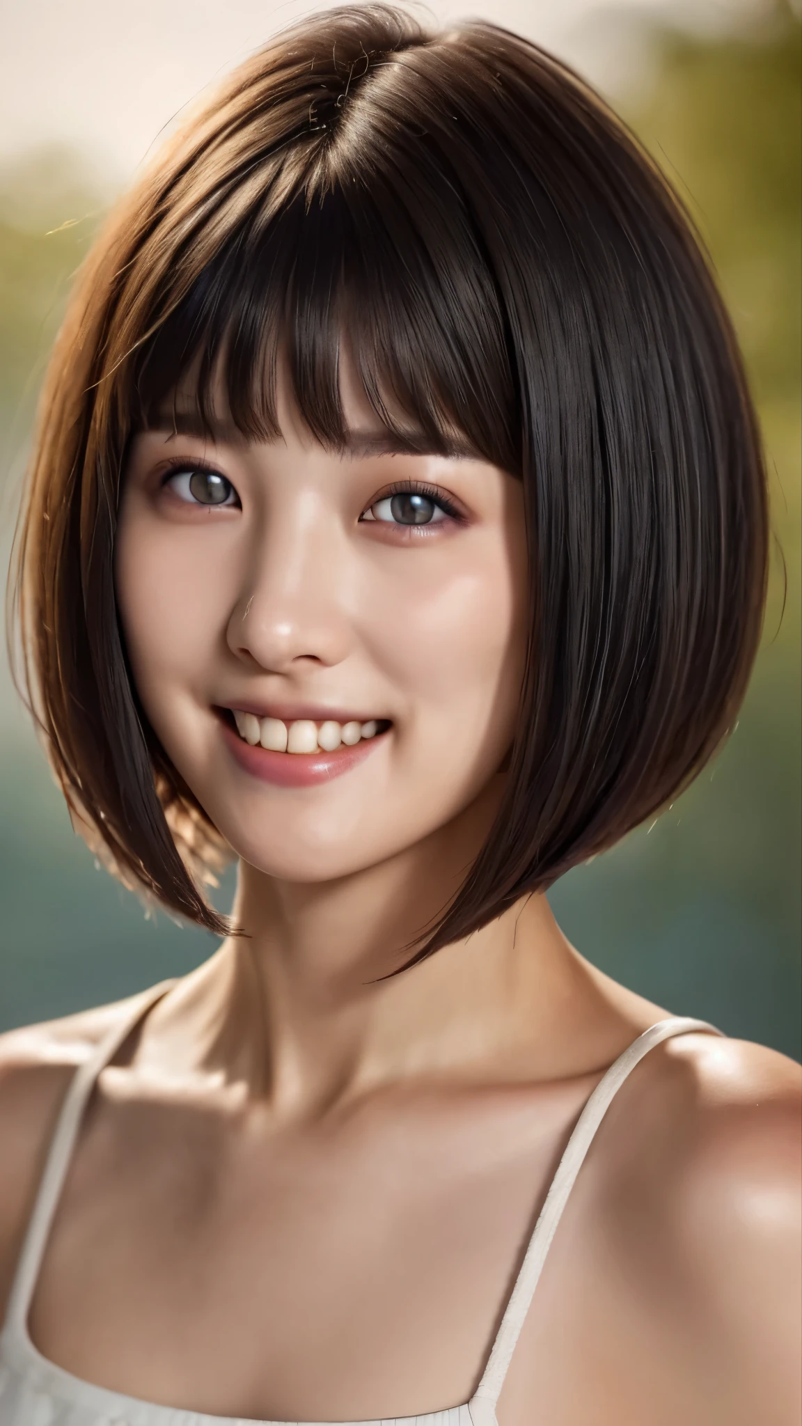 Fashion model 25 years old,  ((Bowl Cut Hair))、smile, perfect eyes, perfect blue iris, perfect lips, perfect teeth, perfect skin, soft front light, shine, HDR, (calm colors:1.2)、(sfw:1.5)、close up of face:1.5