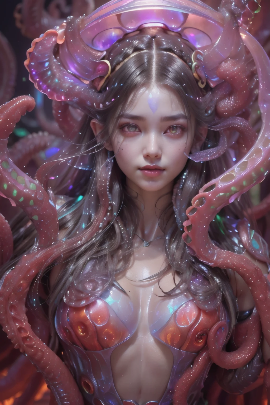 (1 beautiful and obscene female alien:1.4), (There is a female genital-like organ in the middle of the forehead:1.95), (vulgarity1.7), (she is looking at viewers with glowing red eyes with no pupils:1.8), (She has translucent pale skin:1.7),(She has the most beautiful face in the history of the universe:1.2), (She has multiple bioluminescent organs on the side of her tentacles:1.4), (Her body is covered with an iridescent exoskeleton:1.6), (She is showingh her arm pits:1.4), an evil gaze that seduces, (large mouth:1.1), (sharp teeth like a vampire:1.2), Full body portrait, (bio luminescent:1.5), (Smile wickedly:1.3), (sexypose:1.5), alien, No humans, cells are fused, (there are lots of translucent tentacles from her head like her hair:1.8) extraterrestrial, cell, bio image, masterpiece, ultra high resolution, (photos realistic:1.7), scary and sexy detailed art in color, best quality, 8K,In 4K_quality, High freshness, Dramatic Lighting, cinematic quality, (exquisite details:1.2), High freshness, drawing faithfully, (Thick eyebrows:1.2), Beautiful eyes with fine symmetry,(Highly detailed face and eyes:1.2),(Super detailed skin quality feeling:1.4), perfect anatomy, (Beautiful toned body:1.5), (Moist skin:1.2), not wearing makeup, (dark circles:1.1), long canines, cinematic drawing of characters, cinematic quality, detail up, (exquisite details:1.2), high resolution, High freshness, drawing faithfully, official art, Unity 8K Wall paper, ultra detailed artistic photography, midnight aura, unreal engine 5, Ultra Sharp Focus, art by Amano Yoshitaka, ArtGerm, Roisch, intricate artwork,ultra realistic realism, dream-like, Creation of fantasy, dream Snail, (biopunk nautilus:1.3),Thrilling color schemes, seductively smiling, Amazing mutation, well-proportioned body, goddess of the deep sea, fractal, Geometric pattern, impossible figures,(asymmetry:1.4), (white tentacles with blue stripes:1.4), subtle emerald green accents, (expression of ecstasy:1.6), wearing dark black armor