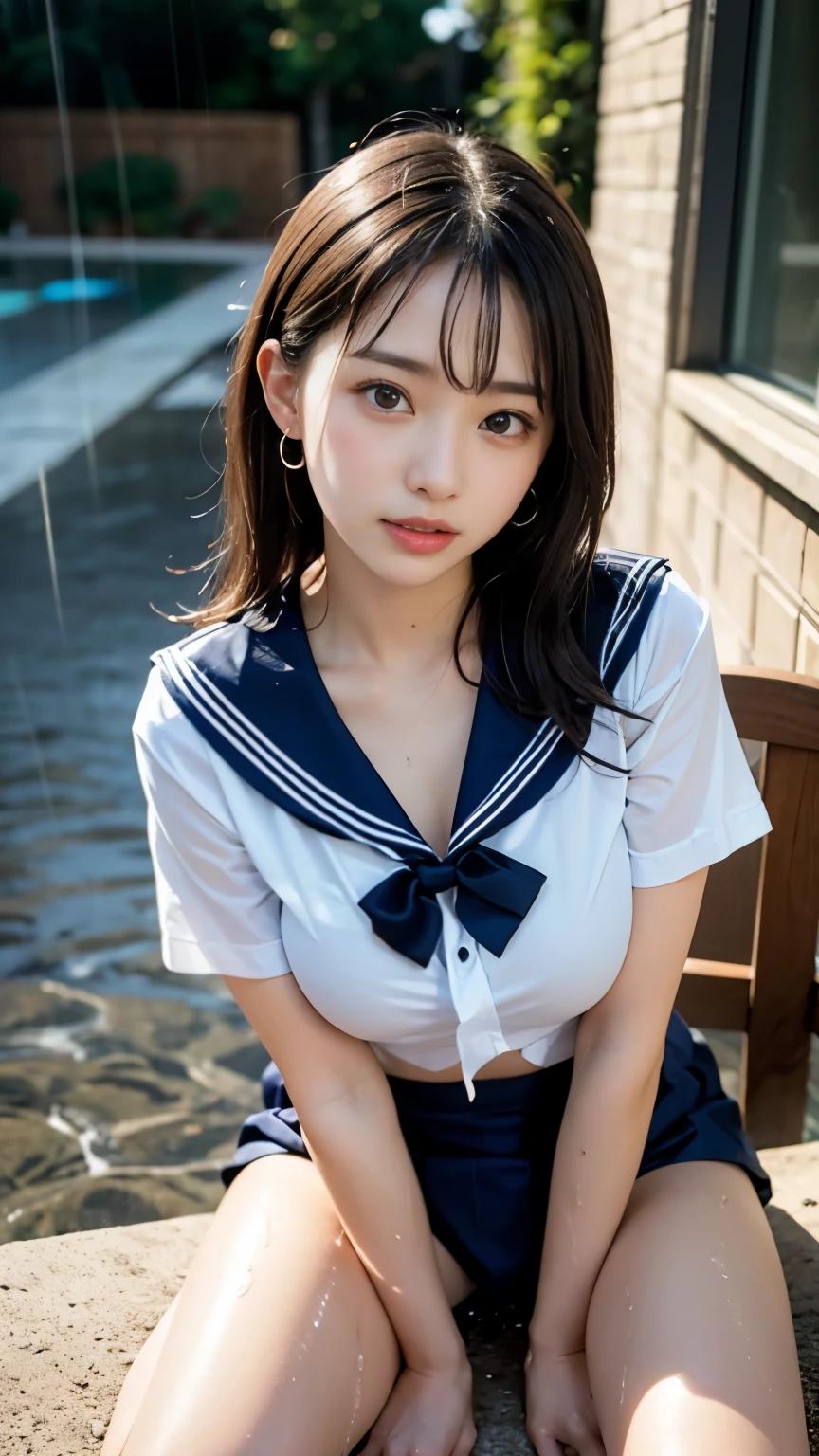 (masterpiece, highest quality:1.2), 8K, official art, RAW photo, incredibly absurd, (whole body, sailor suit:1.4), beautiful girl, 18-year-old、cute face, arch back, navy pleated skirt, close, , short sleeve, gardenia, violaces, pool、sit on a chair、looking at the viewer, film grain, chromatic aberration, sharp focus, face light, dynamic lighting, cinematic lighting, detailed eyes and face, background bokeh, (1 dark red bow tie:1.2)、(heavy rain、dark sky:1.5)、one girl、blush、look at the viewer、(huge breasts:1.2)、wet hair、shiny hair、wet face、wet skin、wet body、wet costume、flower、hairpin、necklace、earrings、Depth of bounds written、尖ったred mouth、red mouth,clavicle、beautiful fingers、Loosen your tie、cute wet face、Wet clothes that stick to your chest、Wet and see-through clothes、short hairstyle、view from above
