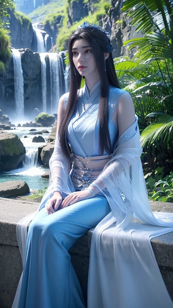 Alafid woman in blue dress sitting on rocks near waterfall, beautiful fantasy queen, fantasy art style, beautiful fantasy girl, ((beautiful fantasy queen)), beautiful girl, xianxia fantasy, Beautiful and elegant fairy, Very beautiful Chinese top model, beautiful fantasy art, full body xianxia, fantasy woman, ethereal fantasy, fantasy beauty