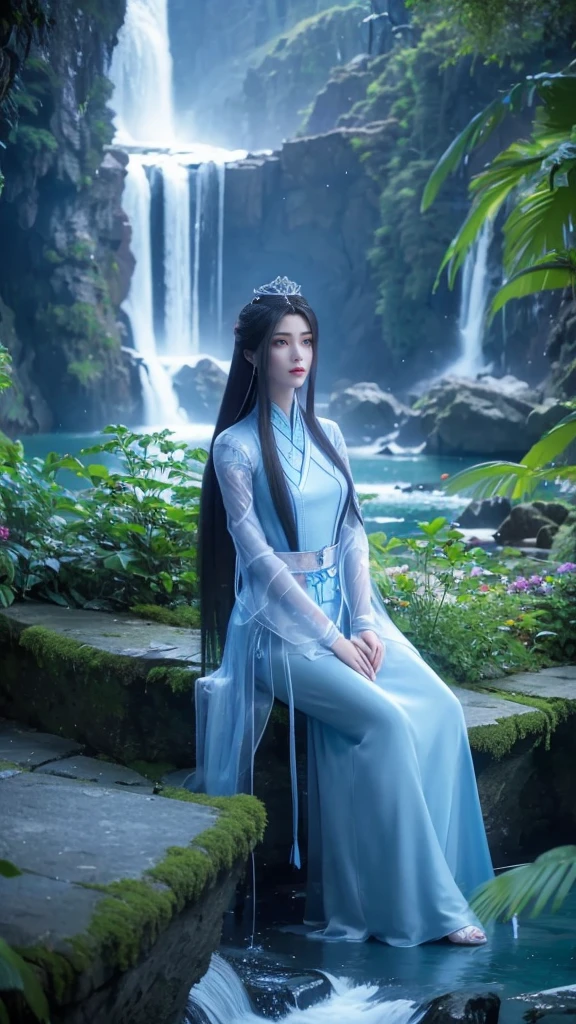 Alafid woman in blue dress sitting on rocks near waterfall, beautiful fantasy queen, fantasy art style, beautiful fantasy girl, ((beautiful fantasy queen)), beautiful girl, xianxia fantasy, Beautiful and elegant fairy, Very beautiful Chinese top model, beautiful fantasy art, full body xianxia, fantasy woman, ethereal fantasy, fantasy beauty